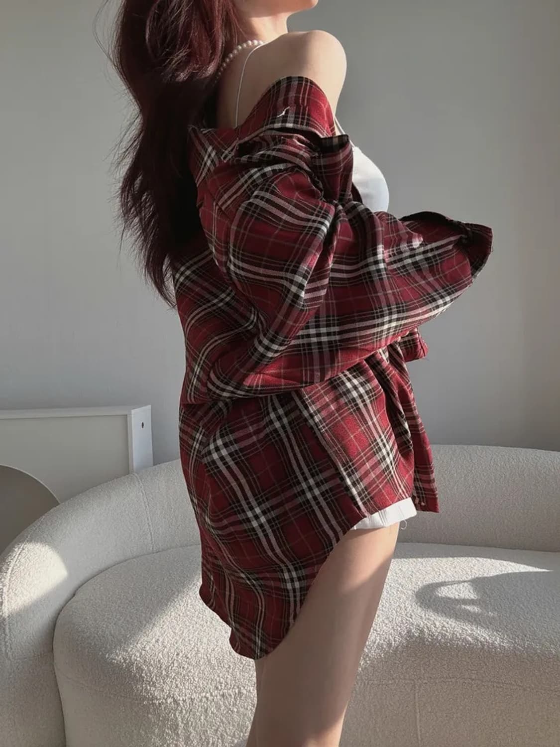 버건디 박시핏 오버핏 체크 셔츠 상품이미지3