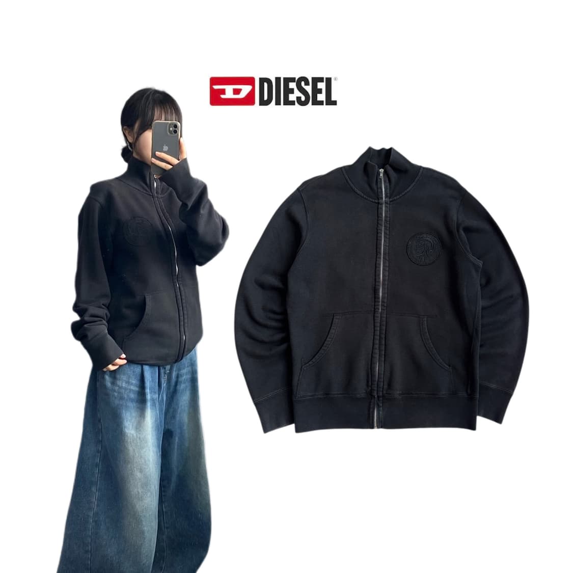 디젤 로고 패치 코튼 하이넥 집업 블랙 상품이미지1