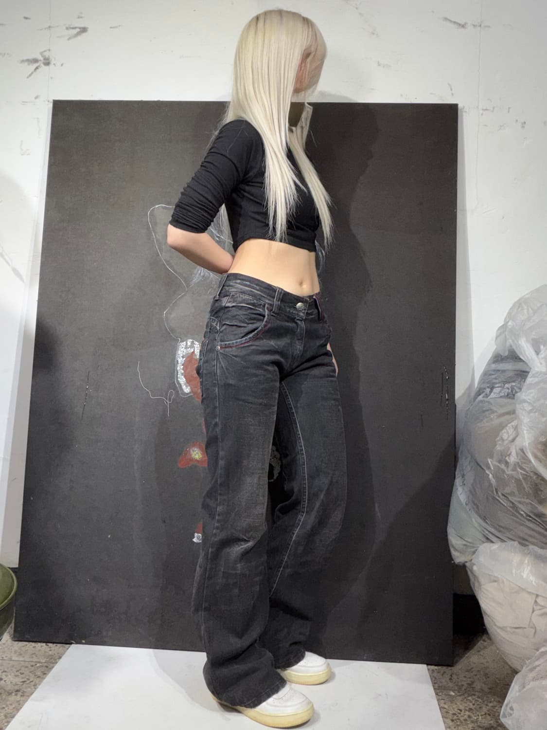 00s y2k Diamond Honey 빈티지 스컬 자수 흑청 데님 팬츠 상품이미지6