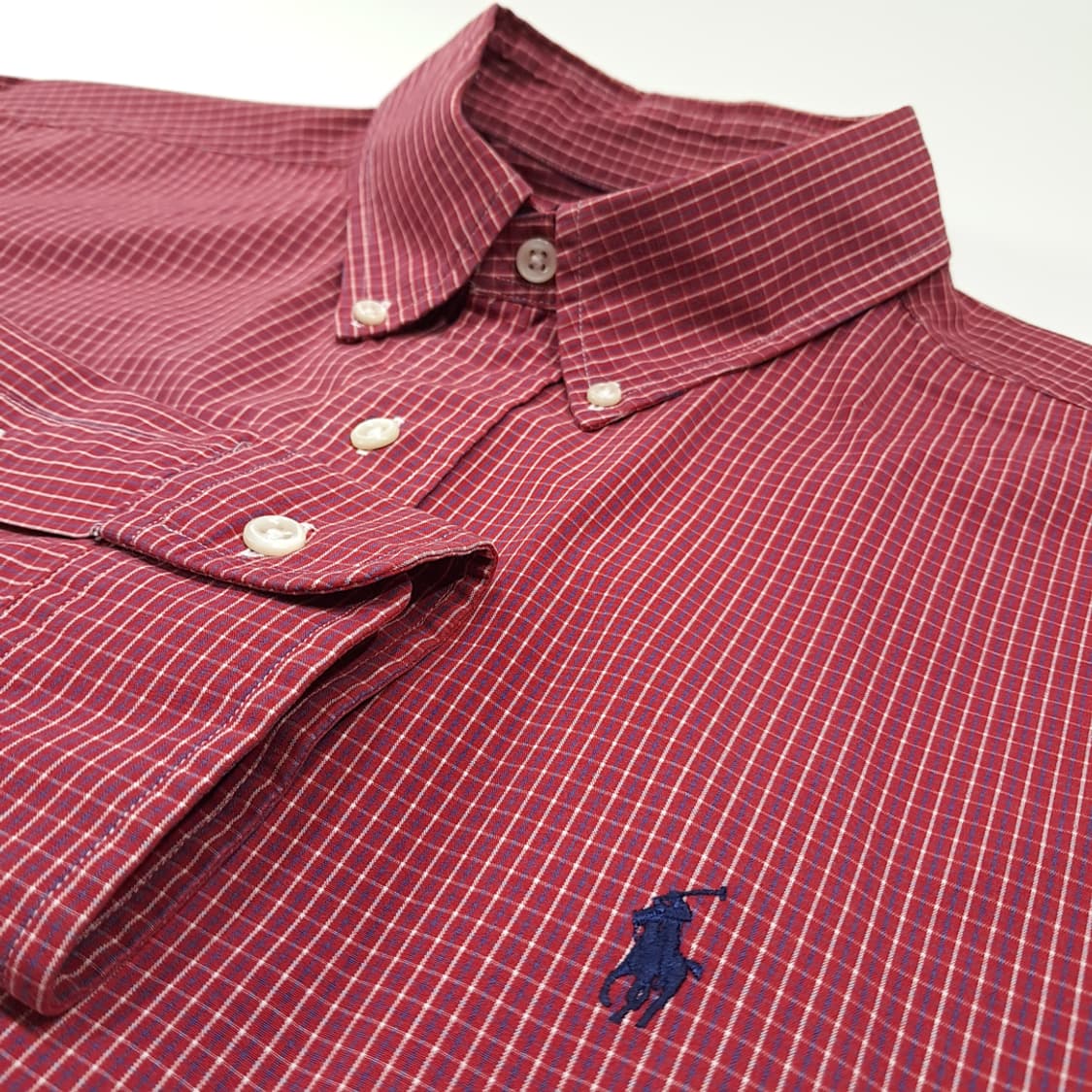 CL443 L 폴로 90s 코튼 마이크로 체크 버건디 셔츠 남방 상품이미지3