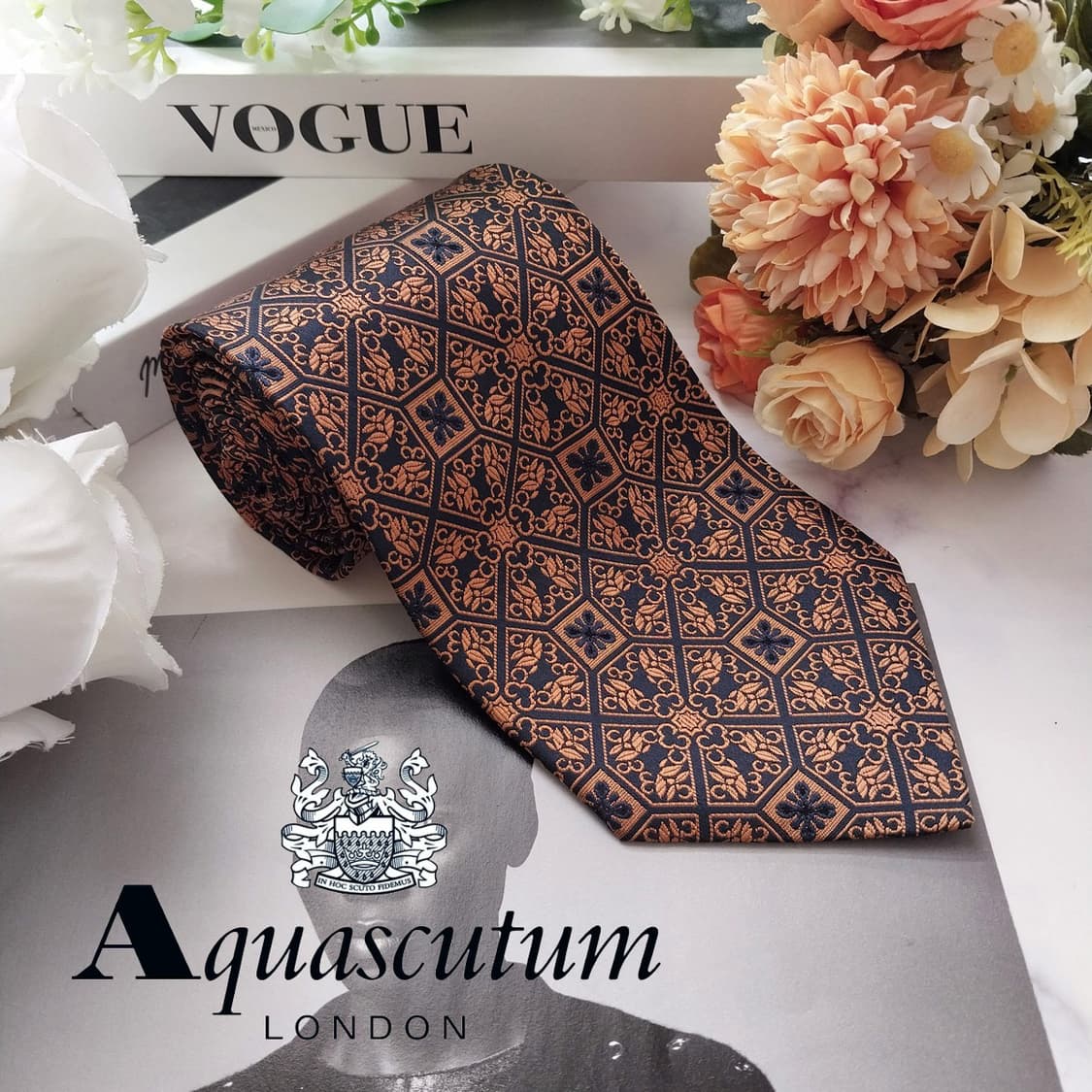 아쿠아스큐텀 넥타이 브라운 자카드 패턴 9.6cm A+등급 K2060 상품이미지2