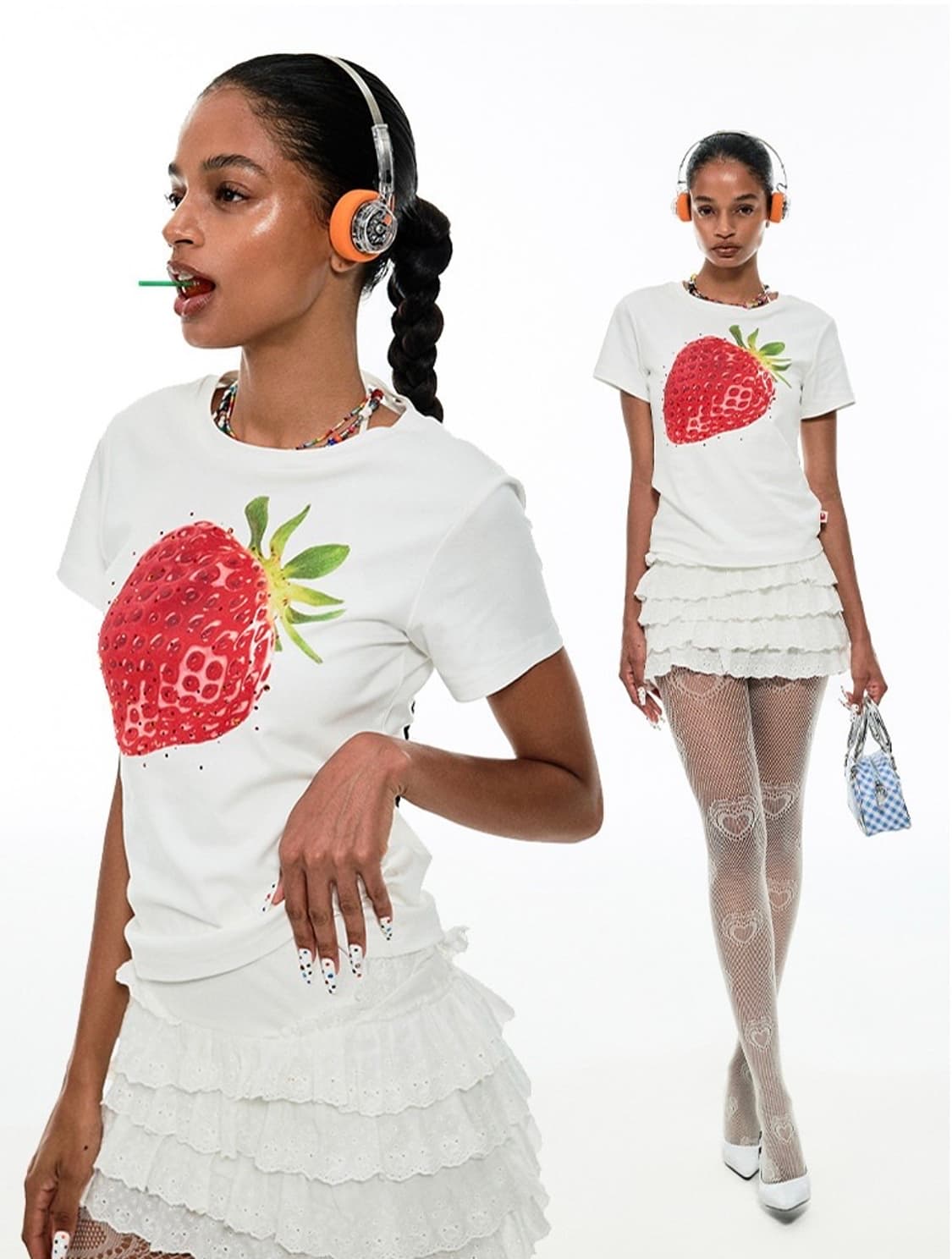 딸기 프린트 큐빅 반팔티 상품이미지2