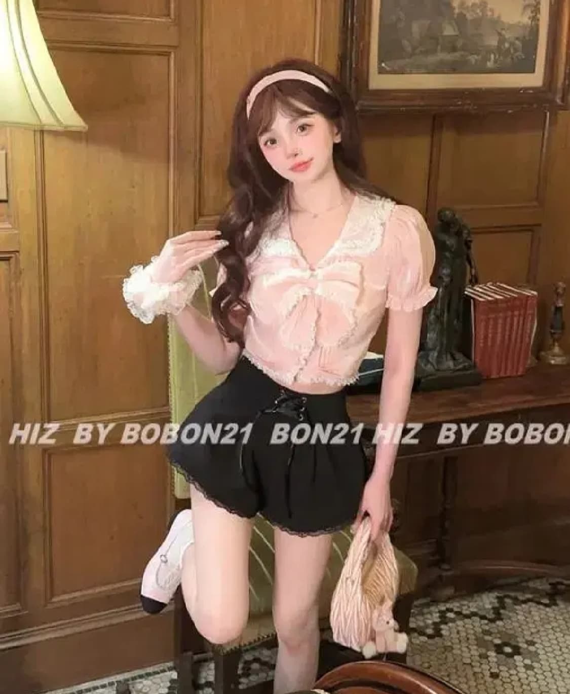 반팔리본레이스프릴크롭블라우스셔츠달천발레코어히메갸루로걀탑리본브로치핀터깔 상품이미지1