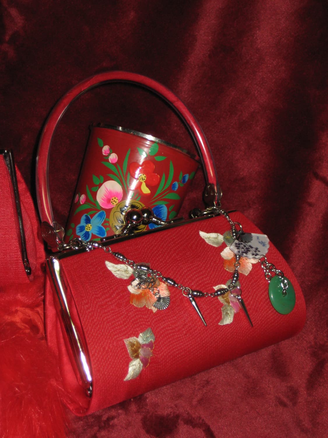 오리엔탈 레드 자수 도트 클러치백 체인메이드 상품이미지3