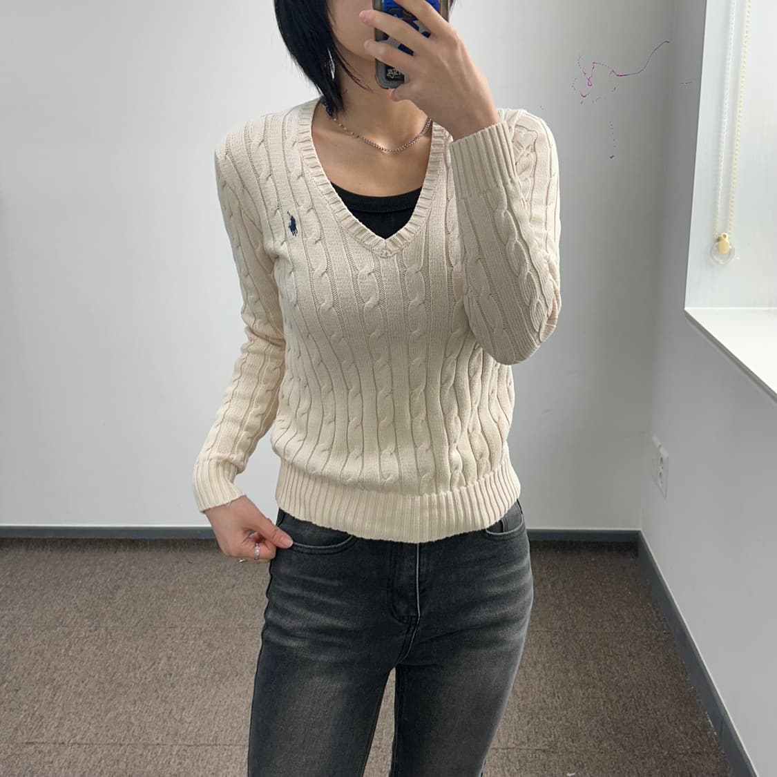 Polo 폴로 네이비포니 아이보리 케이블 브이넥 니트 상품이미지2