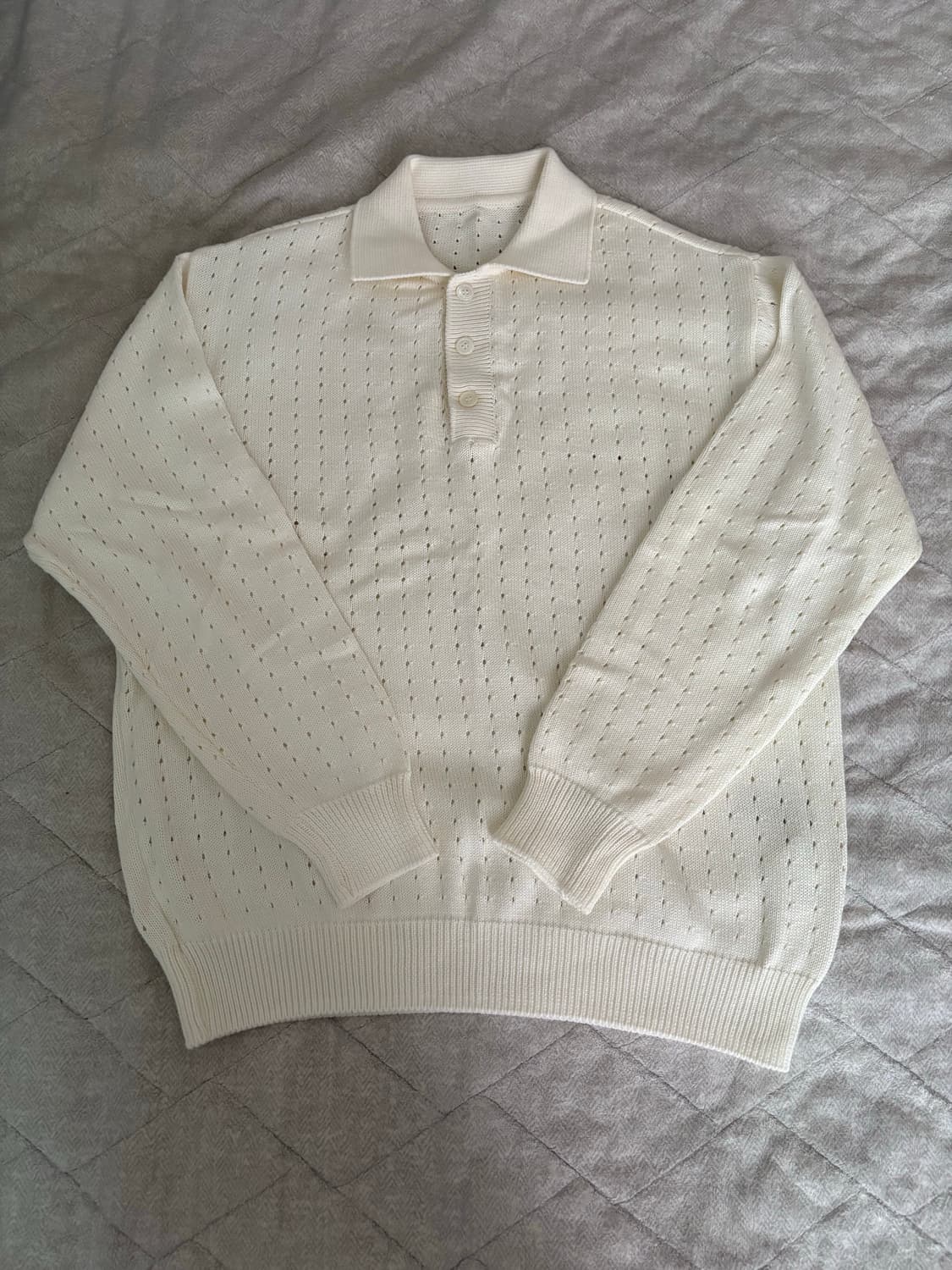 Pointelle-Knit Collar T-shirt - White 상품이미지1