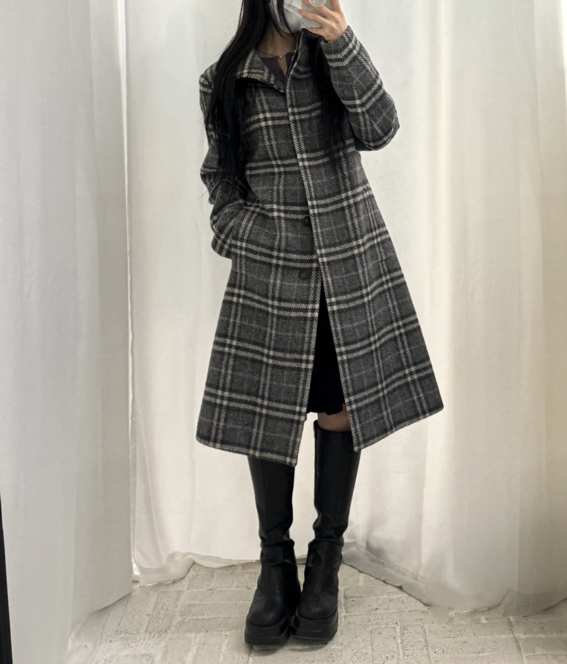 버버리 울 100% 그레이 노바체크 하이넥 롱 코트 상품이미지8
