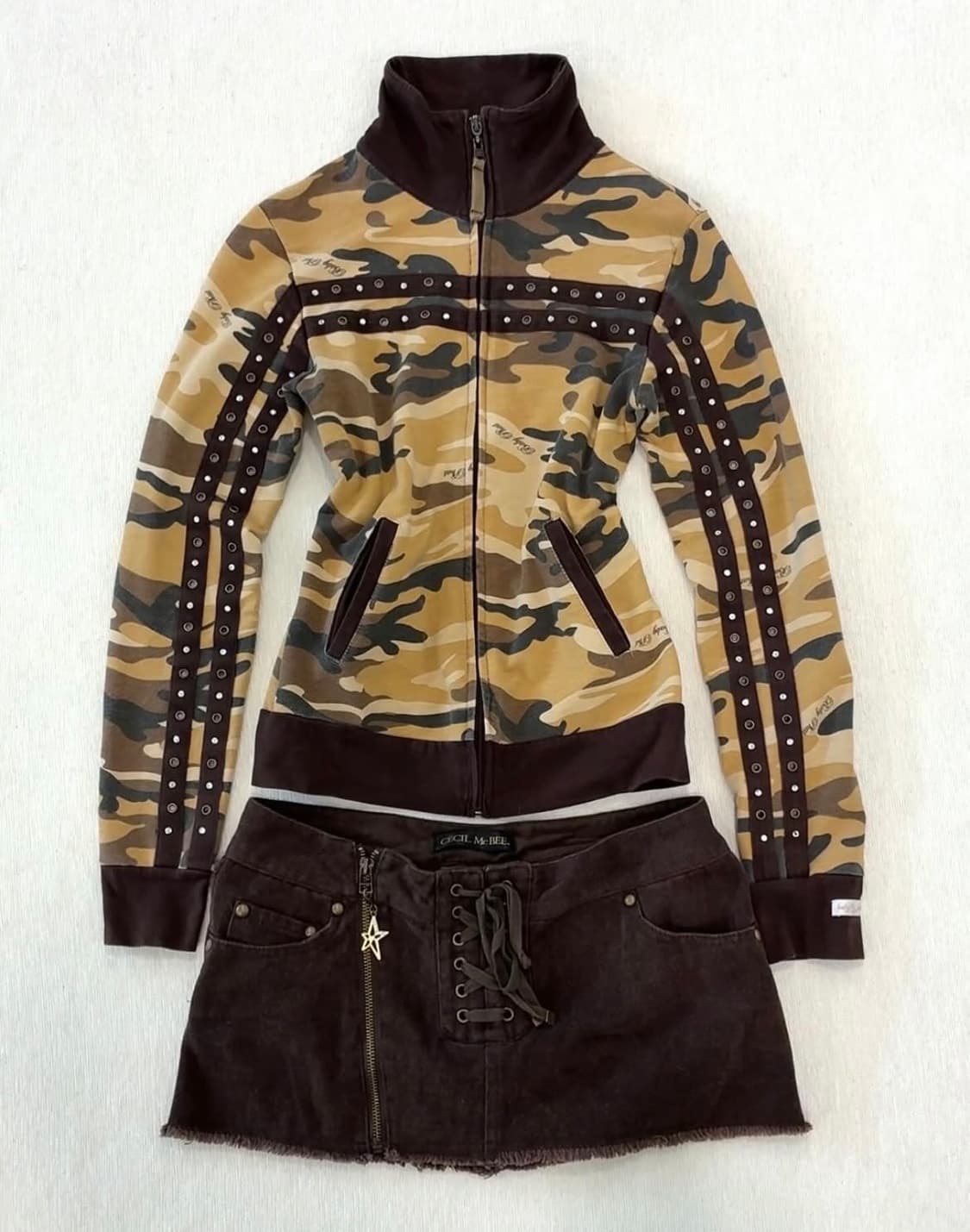 Y2k 갸루 브라운 카모 큐빅 져지/ 세실맥비 아일렛 스커트 상품이미지1