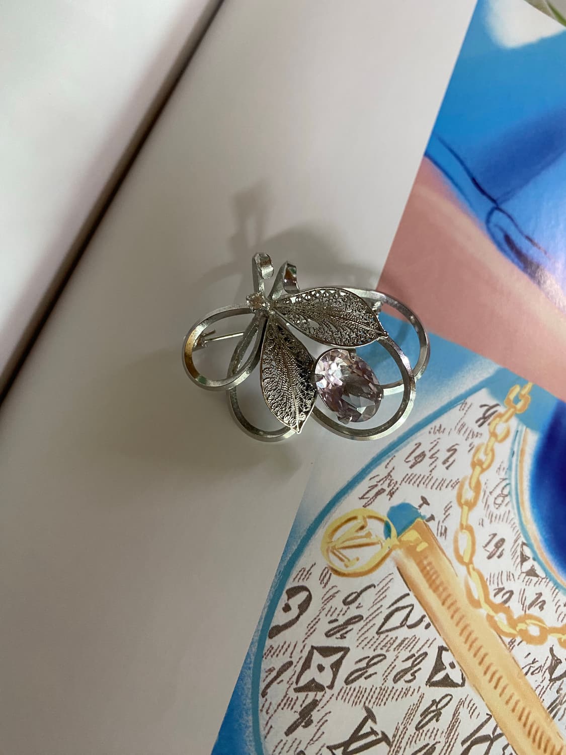 연핑크 스톤 실버 빈티지 브로치 상품이미지1