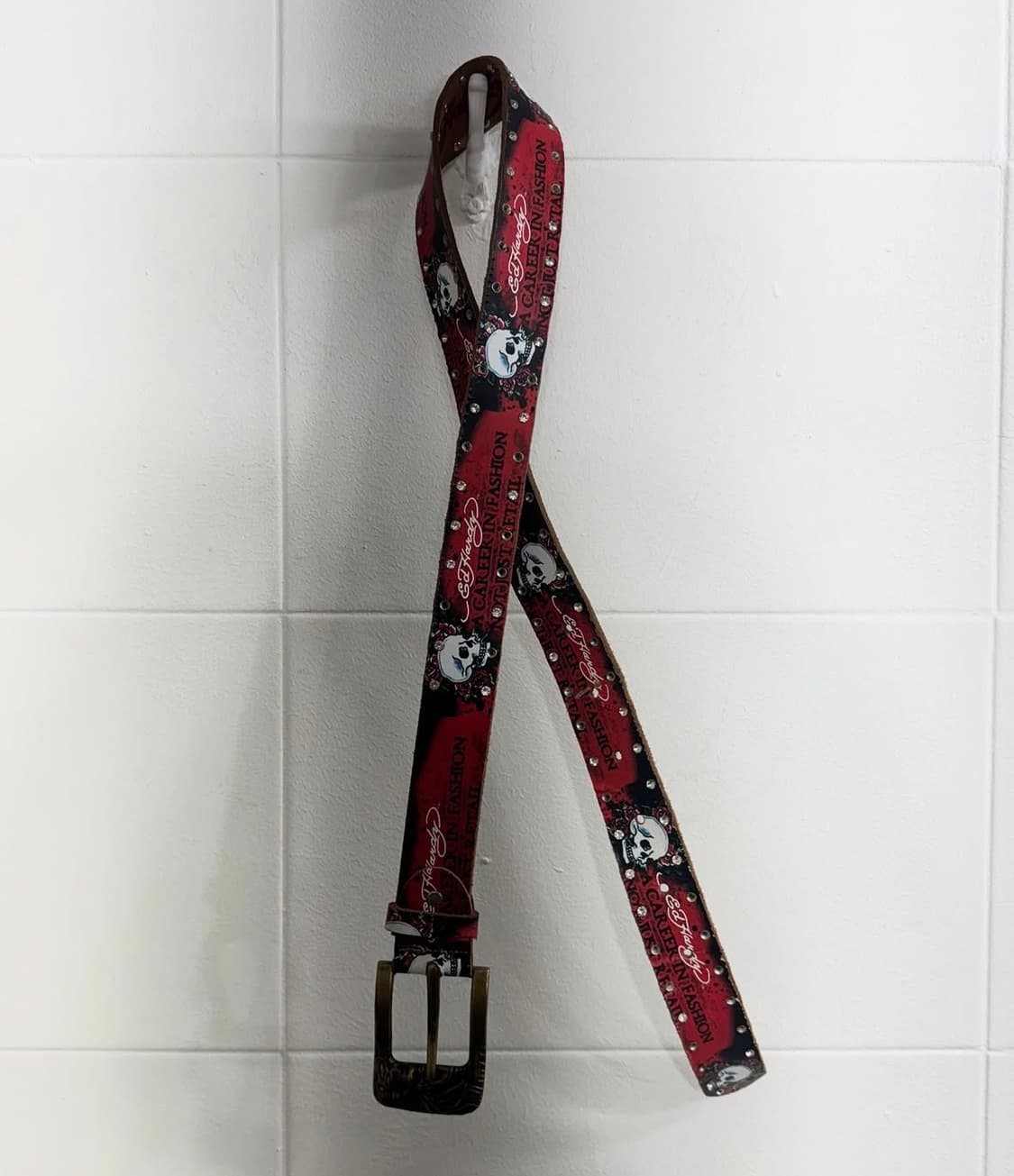 ED HARDY 에드하디 큐빅 디테일 해골 레드 벨트 상품이미지1