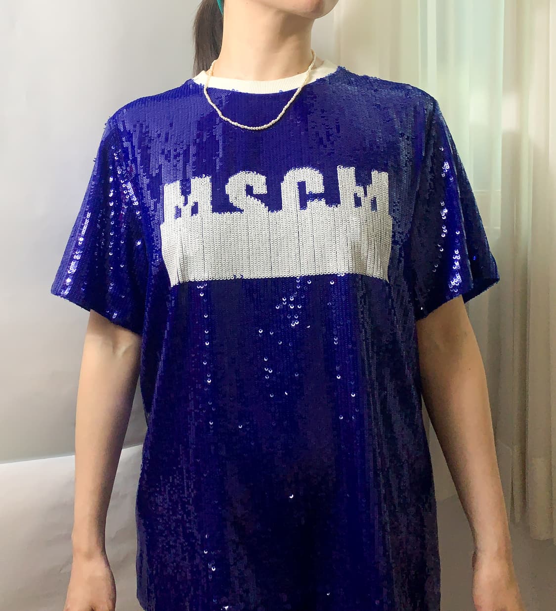 MSGM 블루 시퀸 스팽글 여성 반팔 티셔츠 S사이즈 상품이미지4