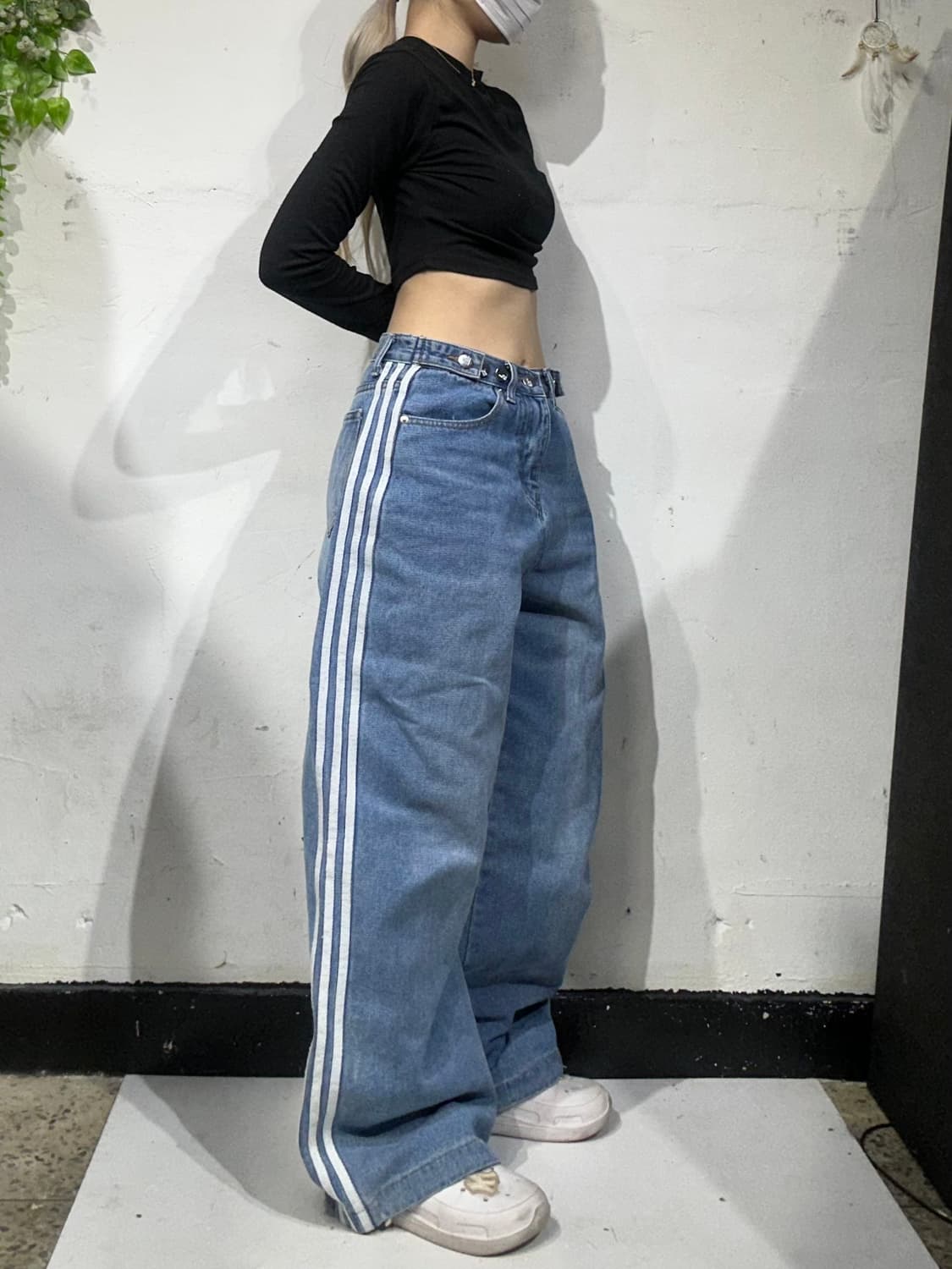 빈티지 중청 와이드 화이트 삼선 데님 청바지 S  상품이미지1