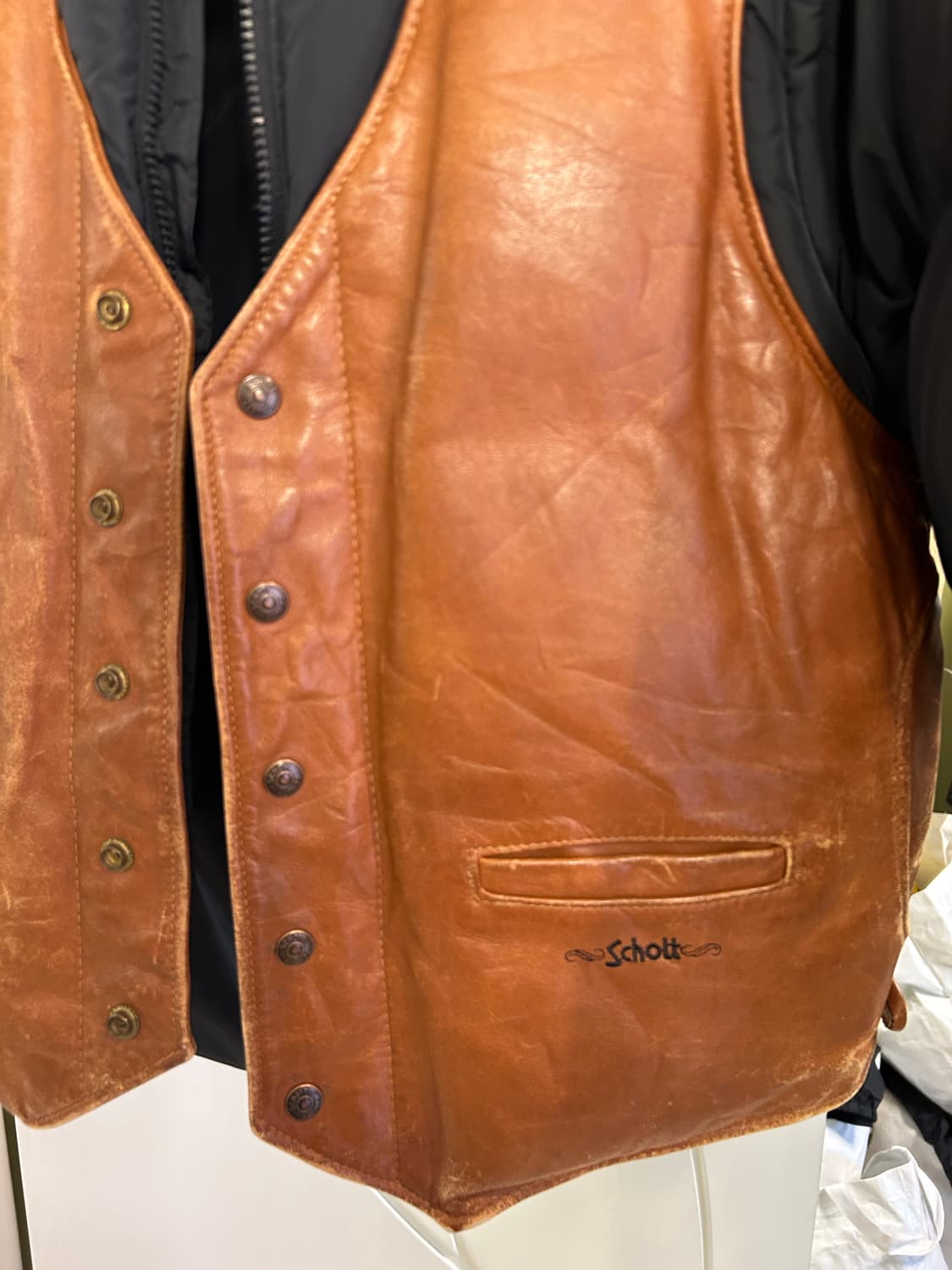 42 )90년대 Schott 쇼트 레어 가죽 베스트 구스 다운 패딩 상품이미지3