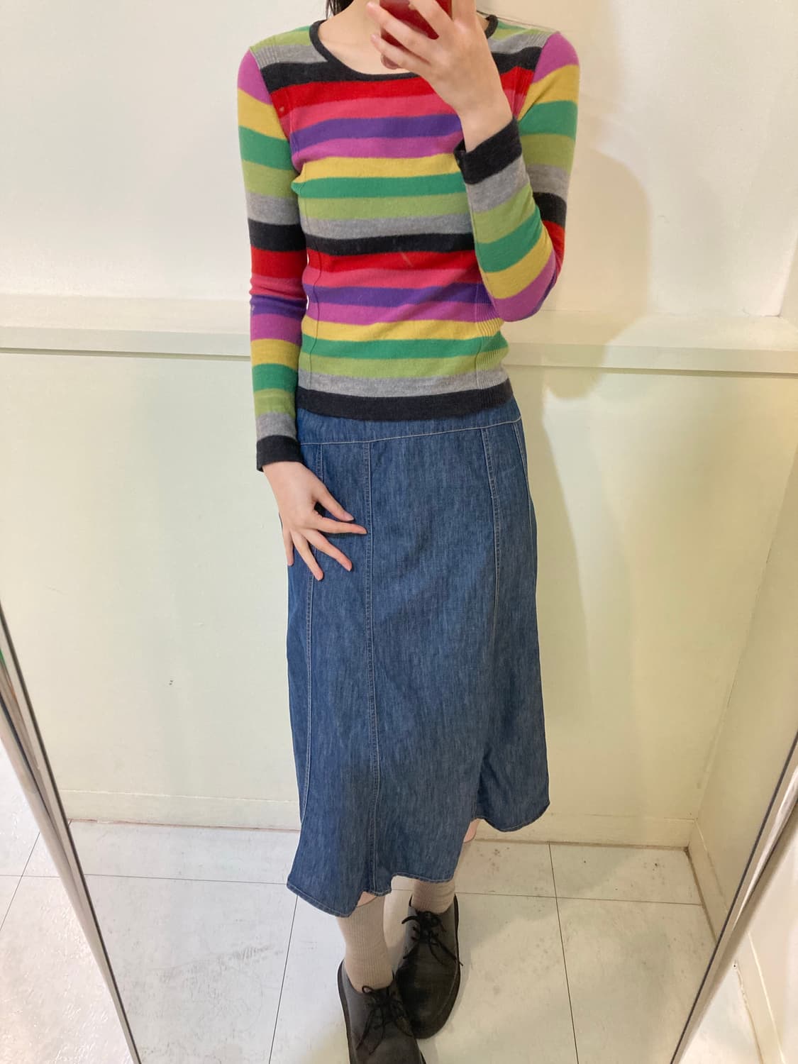울 무지개 스트라이프 저스트핏 니트탑 상품이미지9