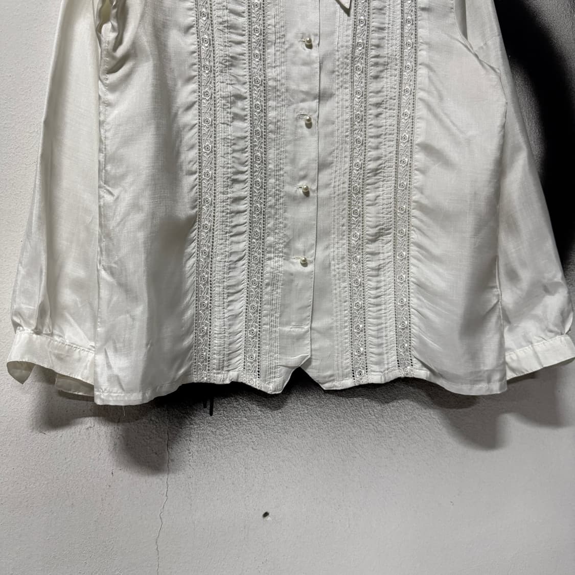 VTG 빈티지 앤틱 화이트 새틴 레이스 핀턱 블라우스 셔츠 상품이미지4