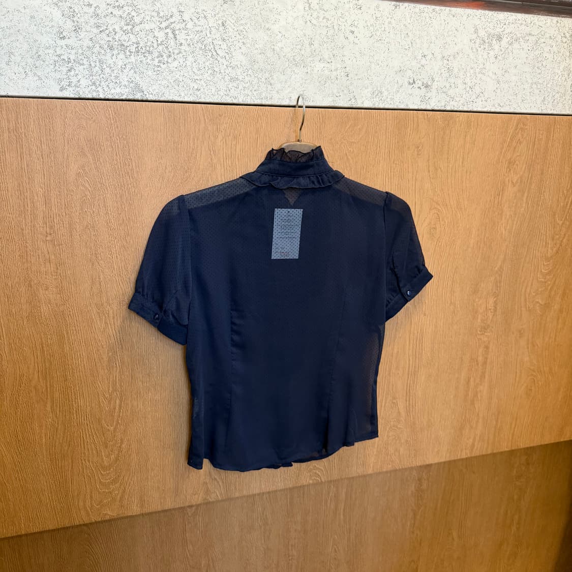 빈티지 하이넥 프릴 반팔 블라우스 도트 시스루 디테일 네이비 상품이미지2