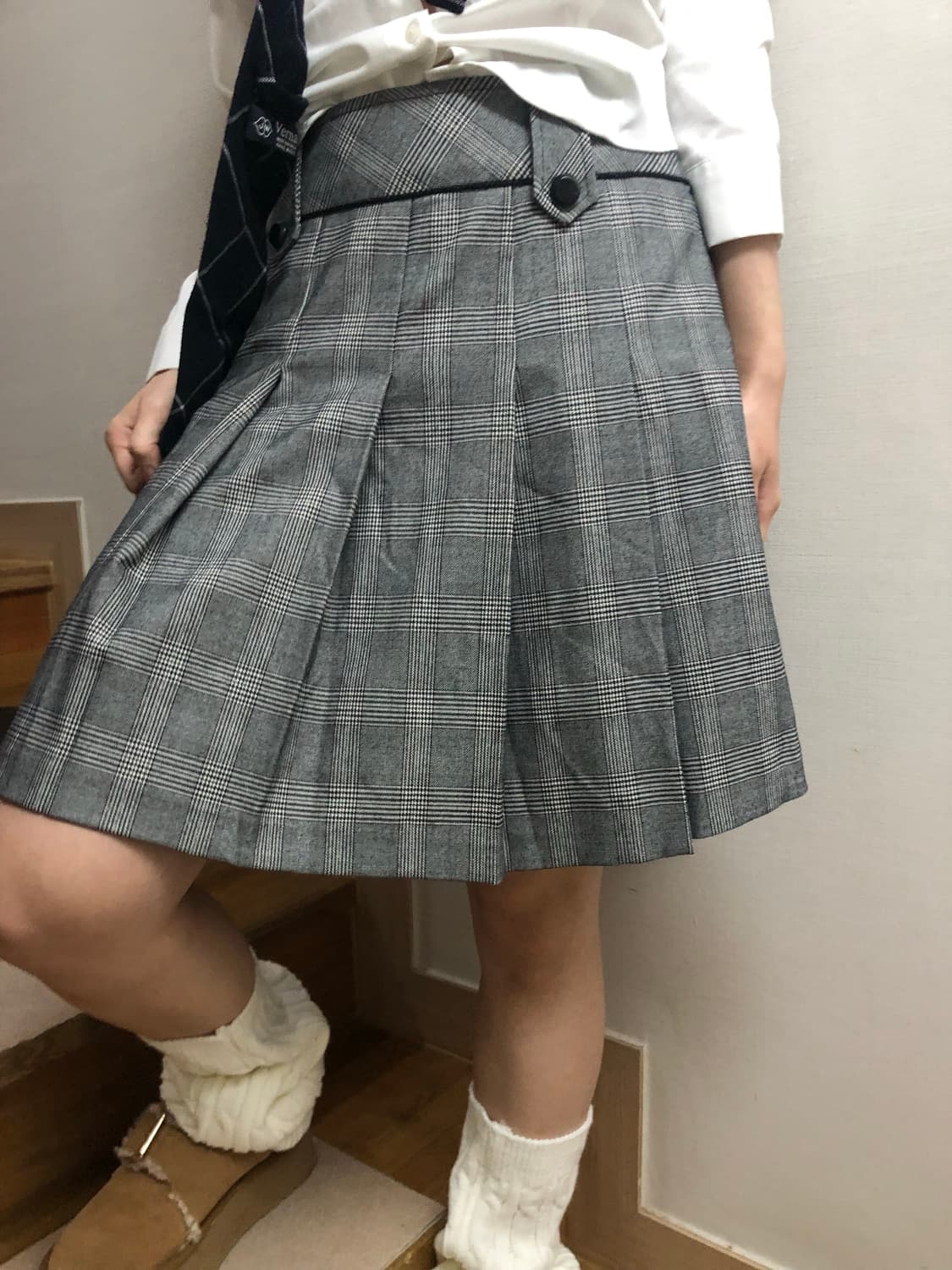 빈티지 그레이 체크 플리츠 미디 스커트 상품이미지7