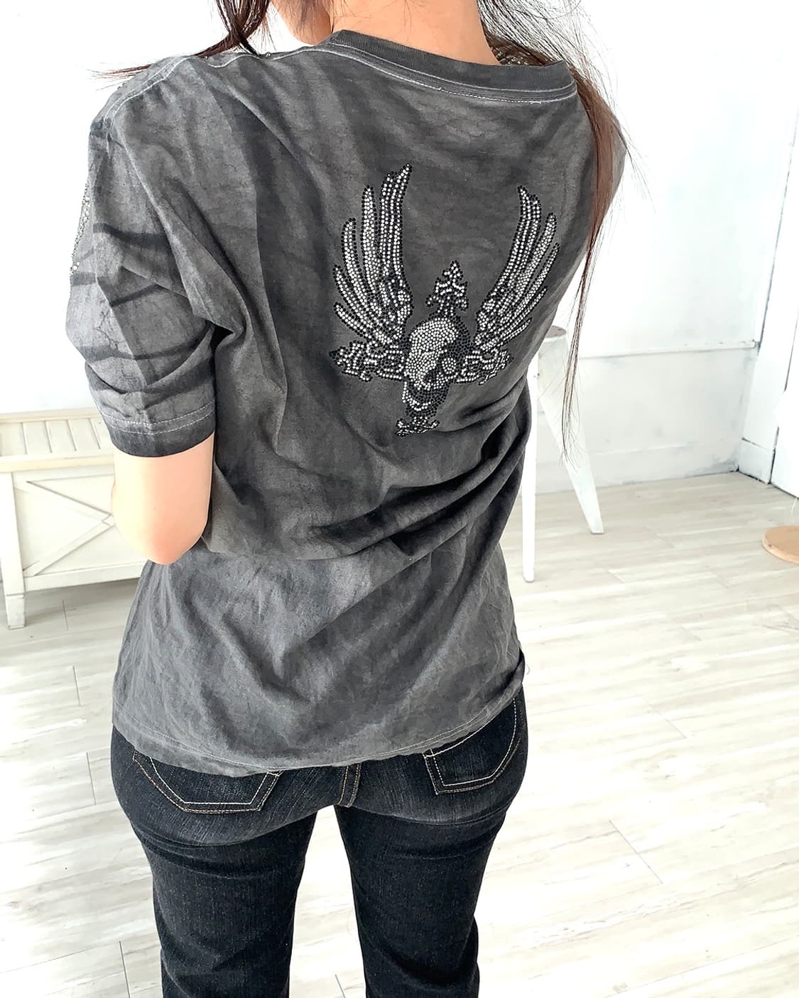 Washed gray rhinestone skull T-shirt 상품이미지10