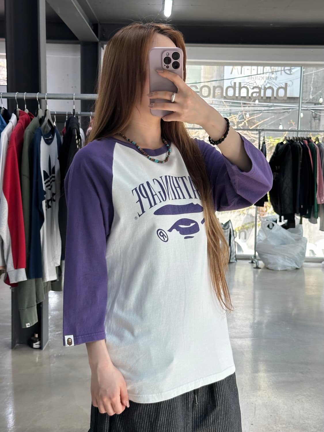 베이프 스펠로고 래글런 티셔츠 퍼플 상품이미지2
