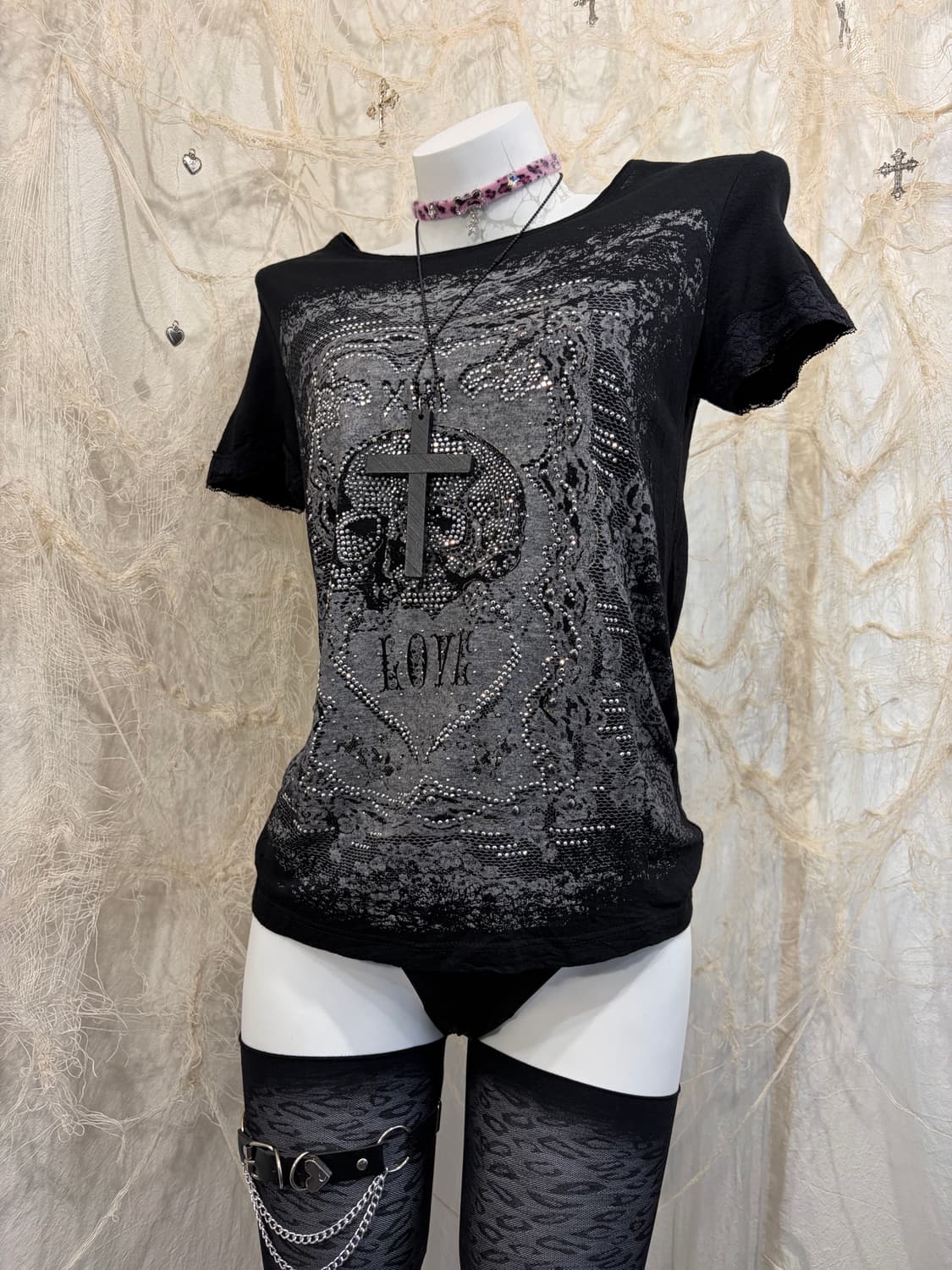 Gothic cubic skull lace T-shirt 상품이미지5