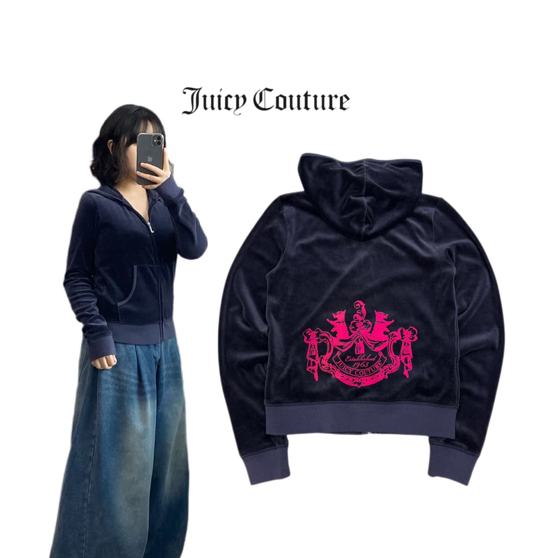 쥬시꾸뛰르 Y2K 딱붙 크롭 벨벳 후드집업 상품이미지1