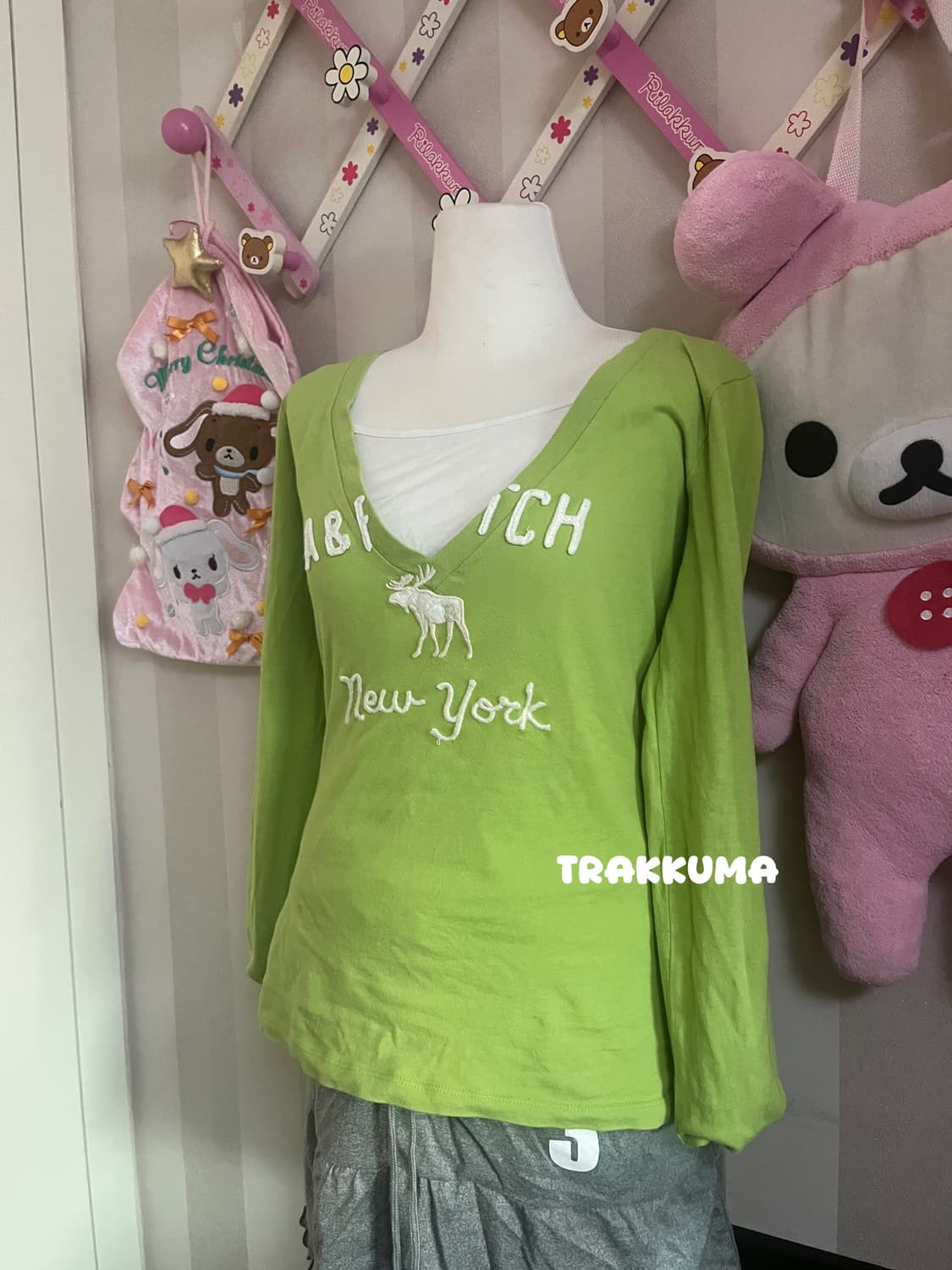 아베크롬비 브이넥 긴팔티셔츠 딱붙롱슬리브 연두 y2k  상품이미지3