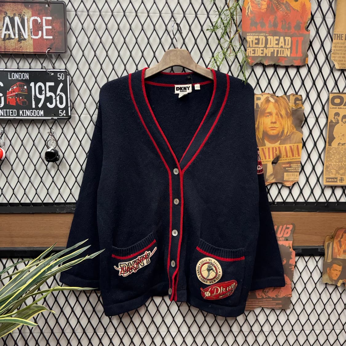 90s DKNY 빈티지 니트 가디건 패치워크 포인트 네이비 상품이미지1