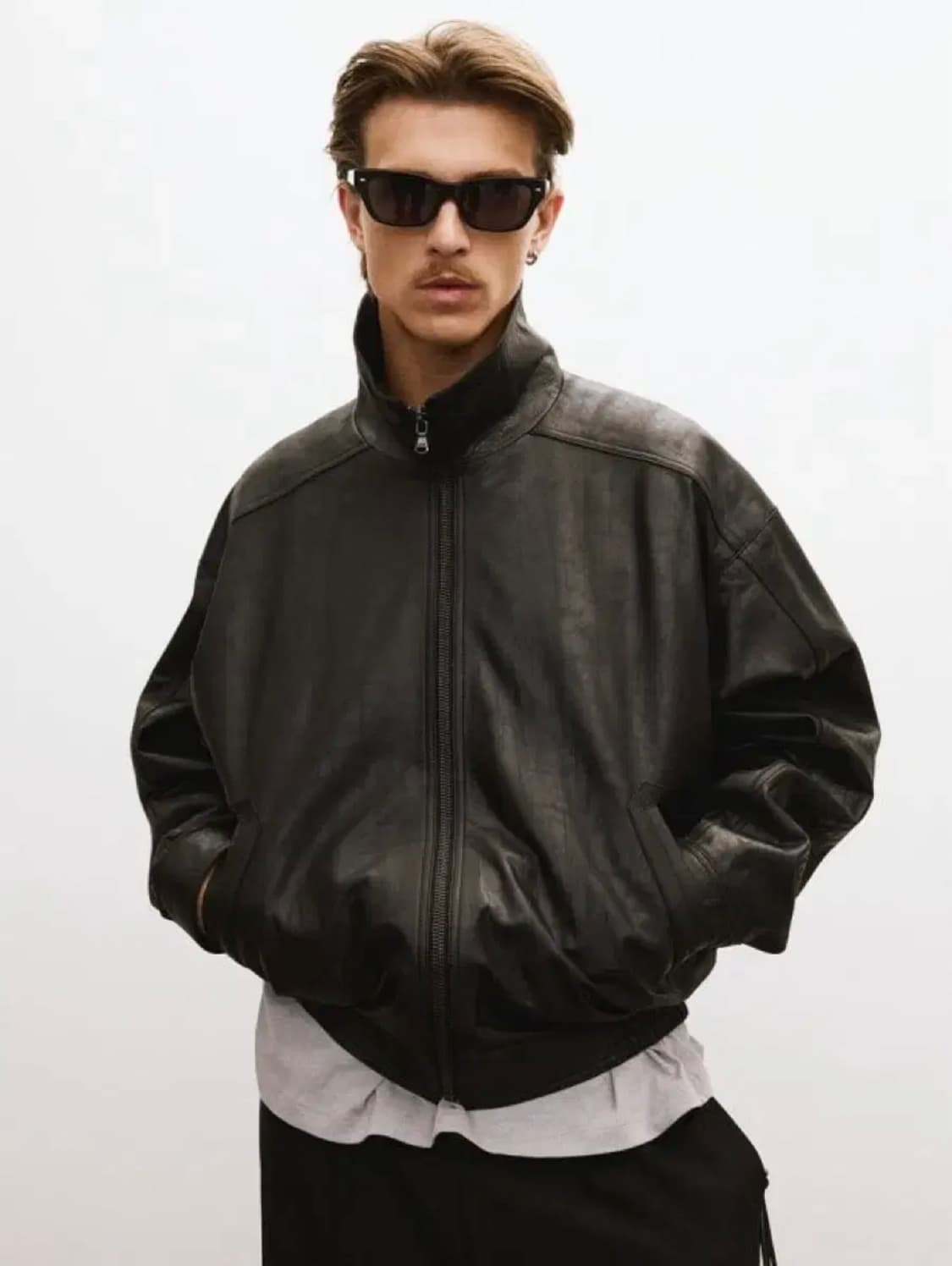 [M] 렉토 빈티지 크랙 이펙트 하이넥 레더 가죽 점퍼 자켓 블랙 상품이미지1