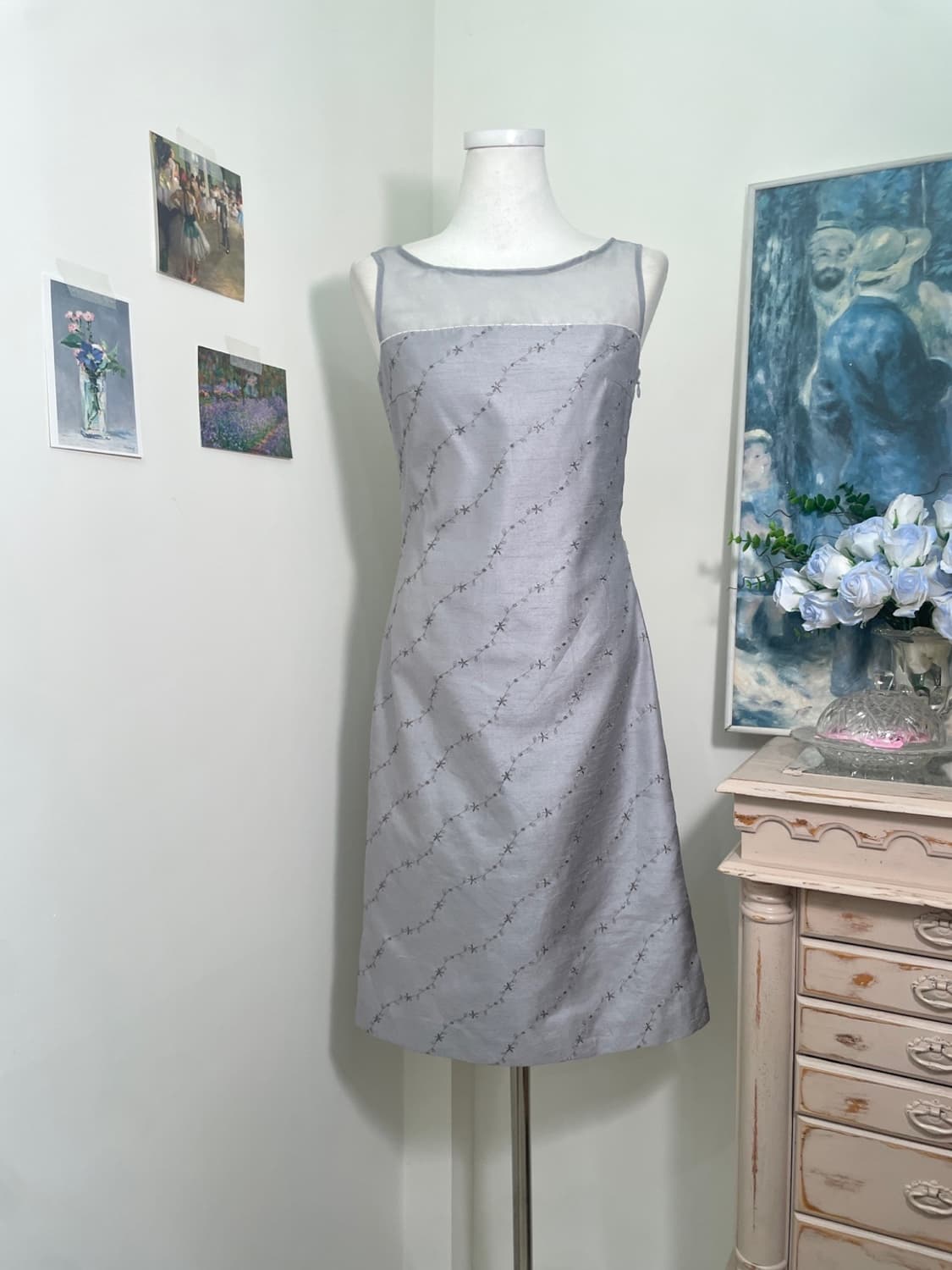 sheer gray flower embroidery midi opc 상품이미지1