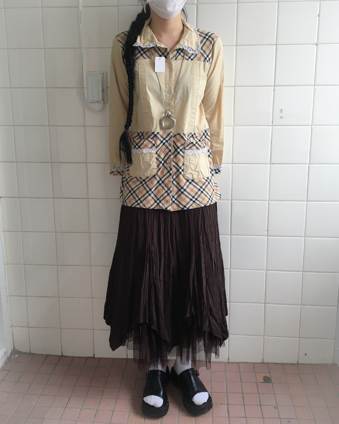 Check pattern layered lace trimming jack 상품이미지1