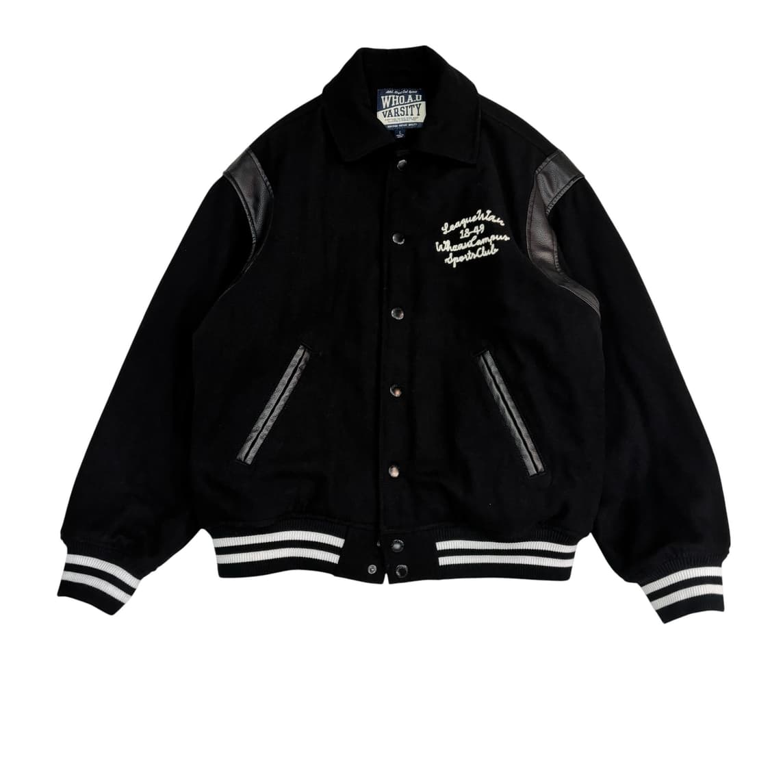 후아유 블랙 유니 카라 바시티 자켓 상품이미지1