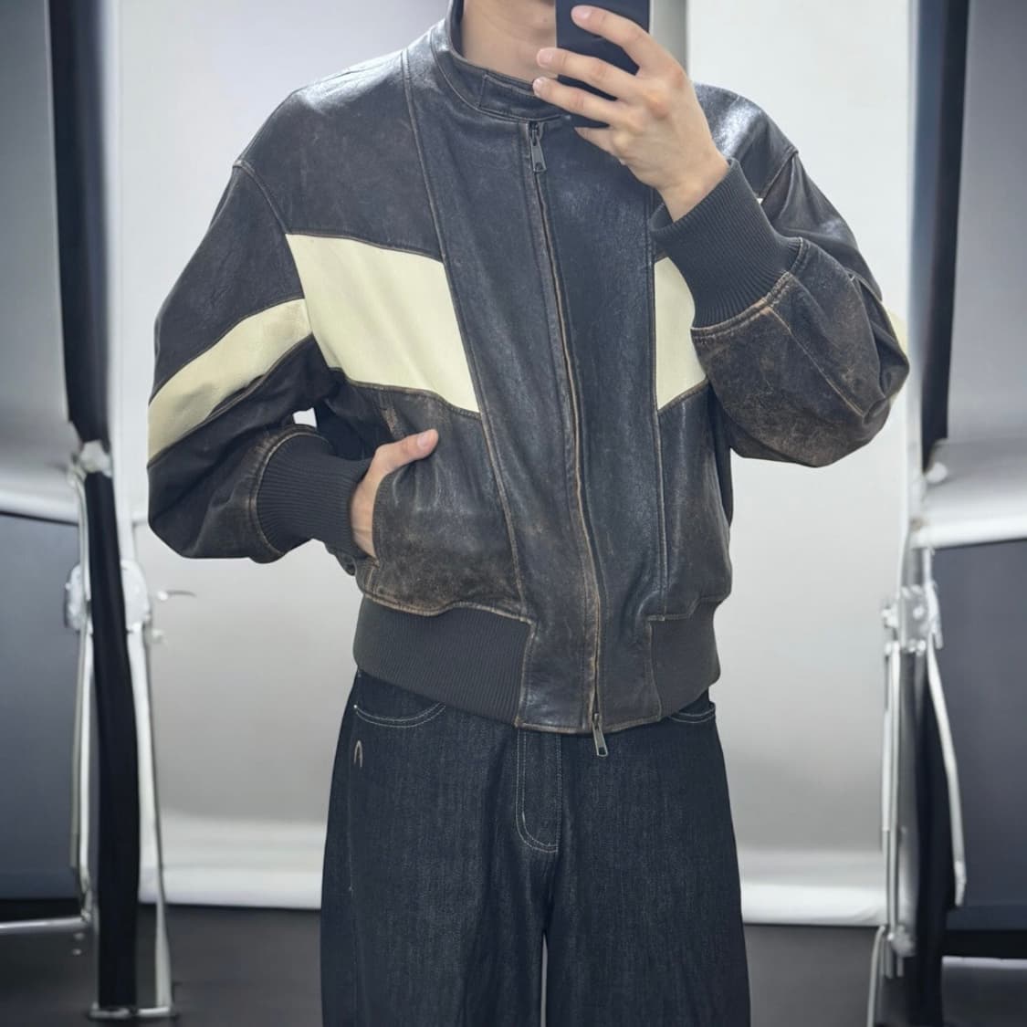디스트레스 믹스드 레더 점퍼 상품이미지2