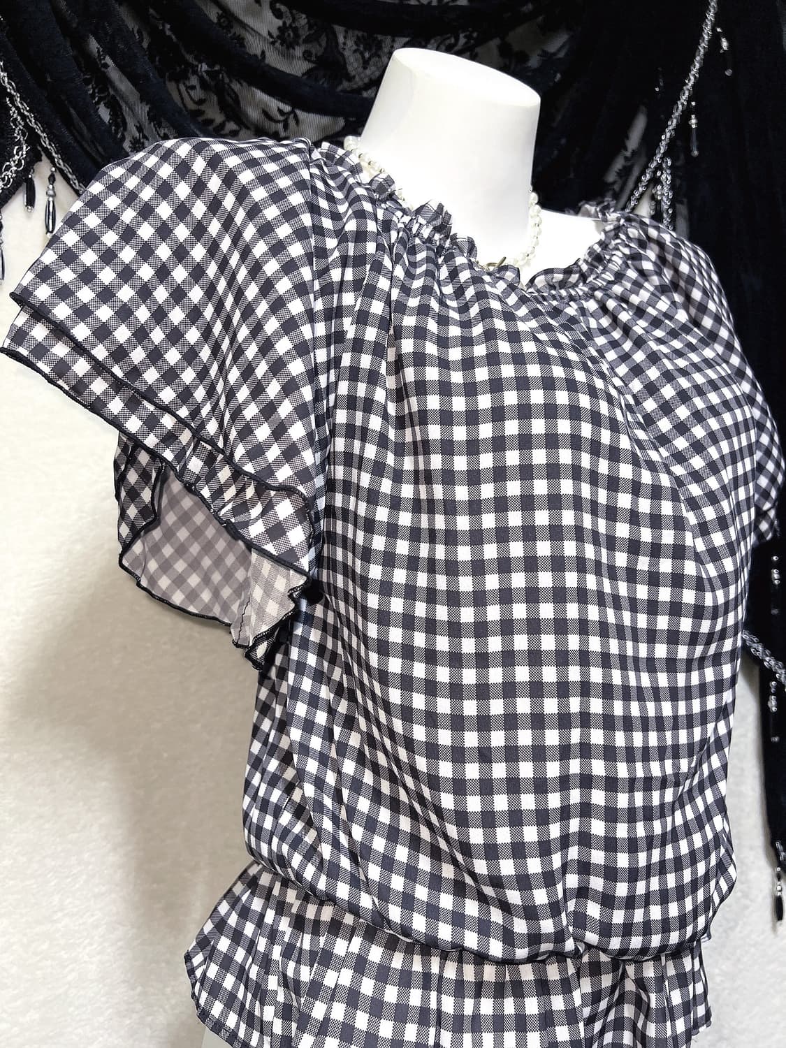 잉그니 ingni 로맨틱갸루 체크 오프숄더 블라우스 로걀탑 튜닉 러블리 상품이미지5