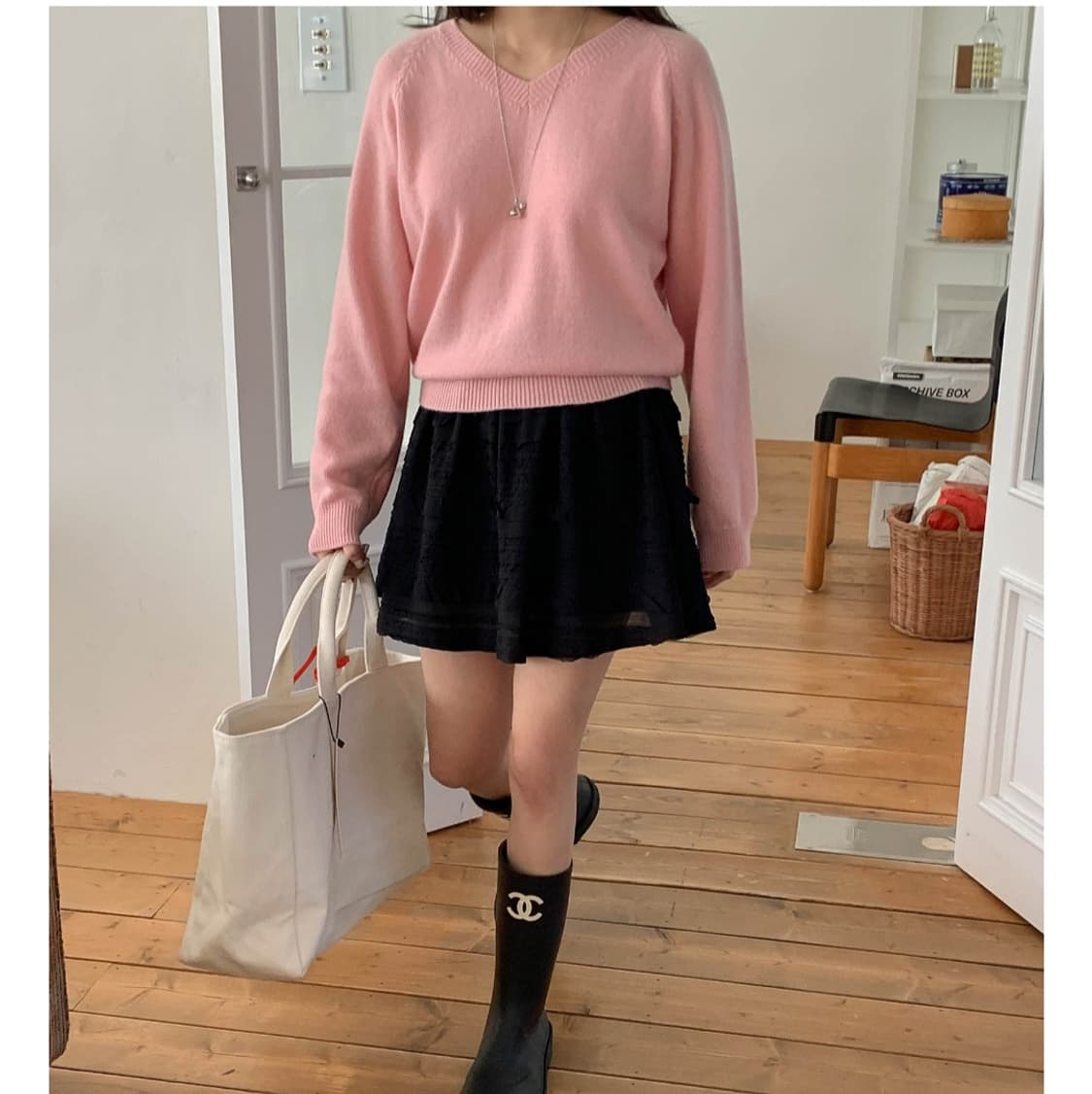 미엘 miel 캐시미어 울 니트 하이 브이넥 니트 핑크 상품이미지4