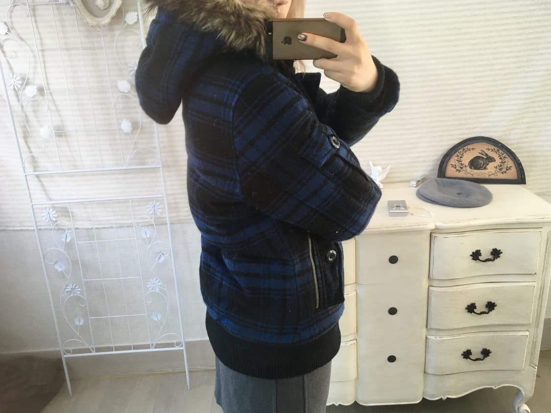 일본빈티지 블루 블랙 체크 후드 패딩 점퍼 상품이미지3