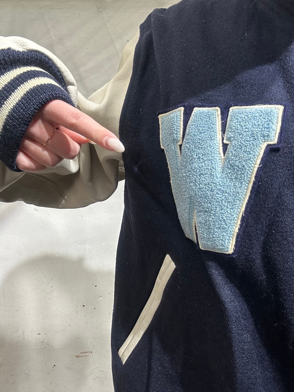 일본 빈티지 네이비 레더 울 모직 바시티 자켓 L 상품이미지4