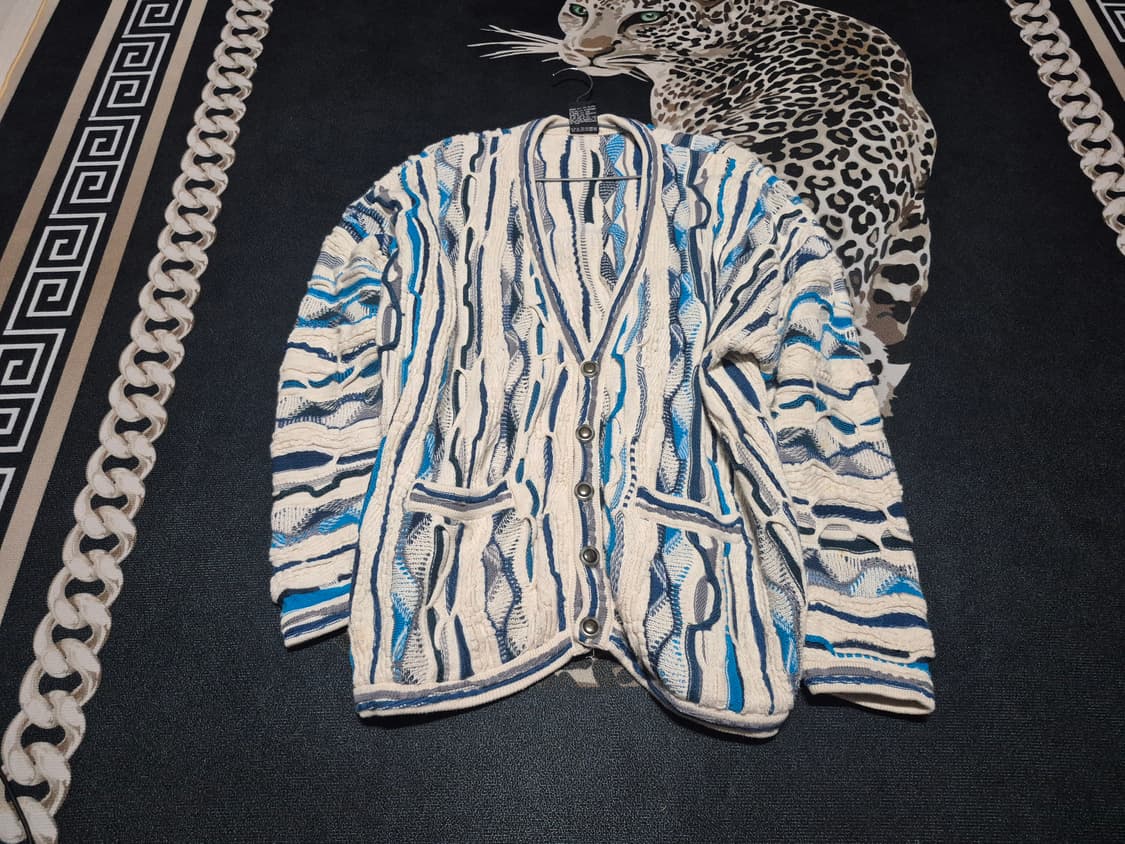 90's 에마루 오스트레일리아 화이트블루 은장 케이블 니트 가디건 XL 상품이미지1