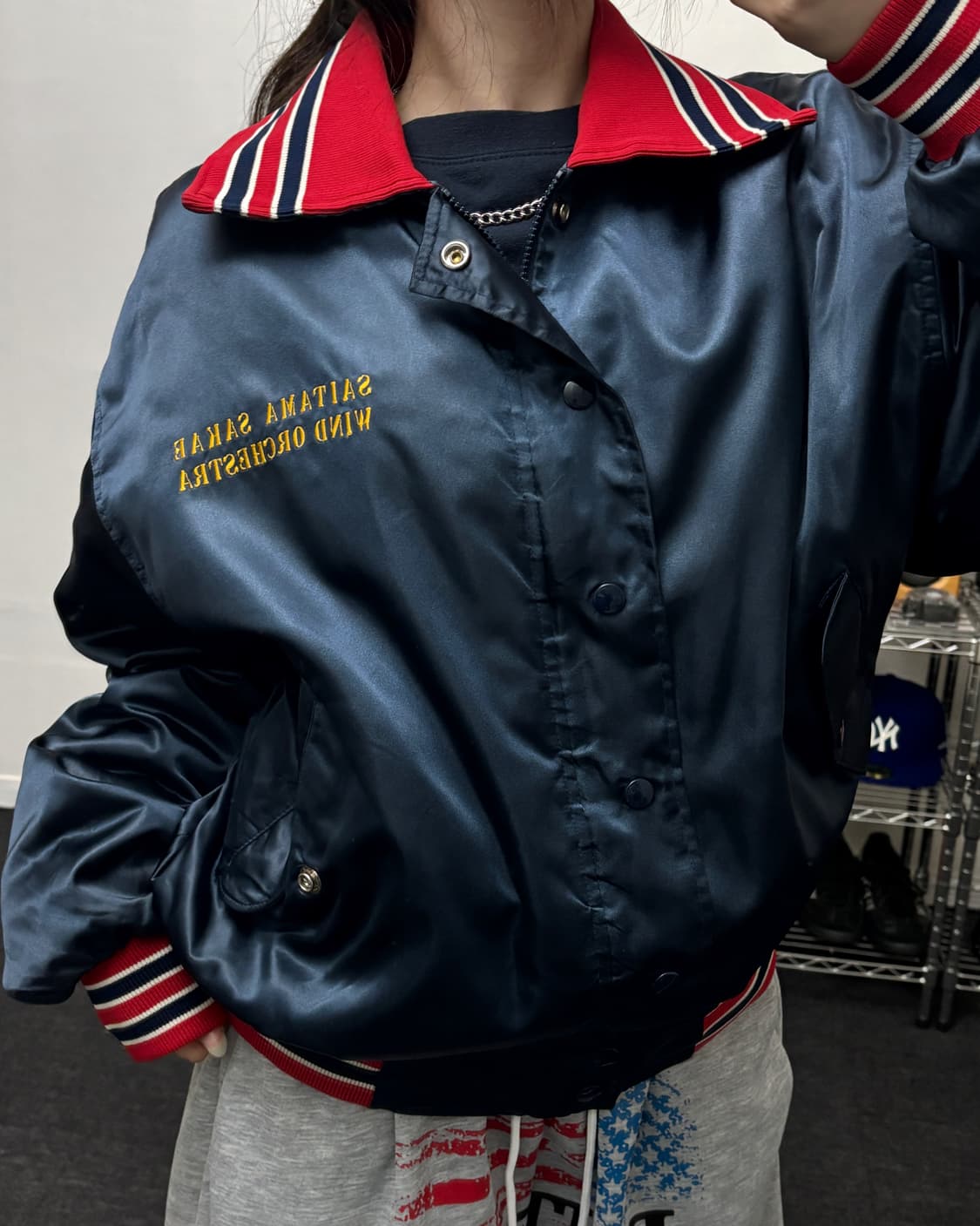 USA 올드 빈티지 사틴 봄버 자켓 네이비 상품이미지3
