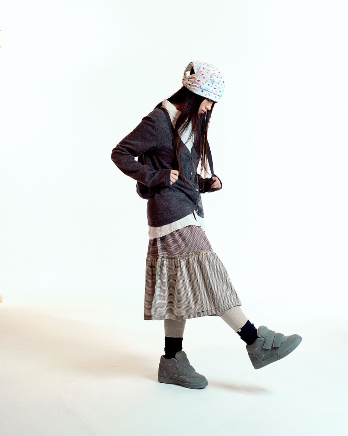 코이세이오 스트라이프 스커트 그레이 베이지 상품이미지3