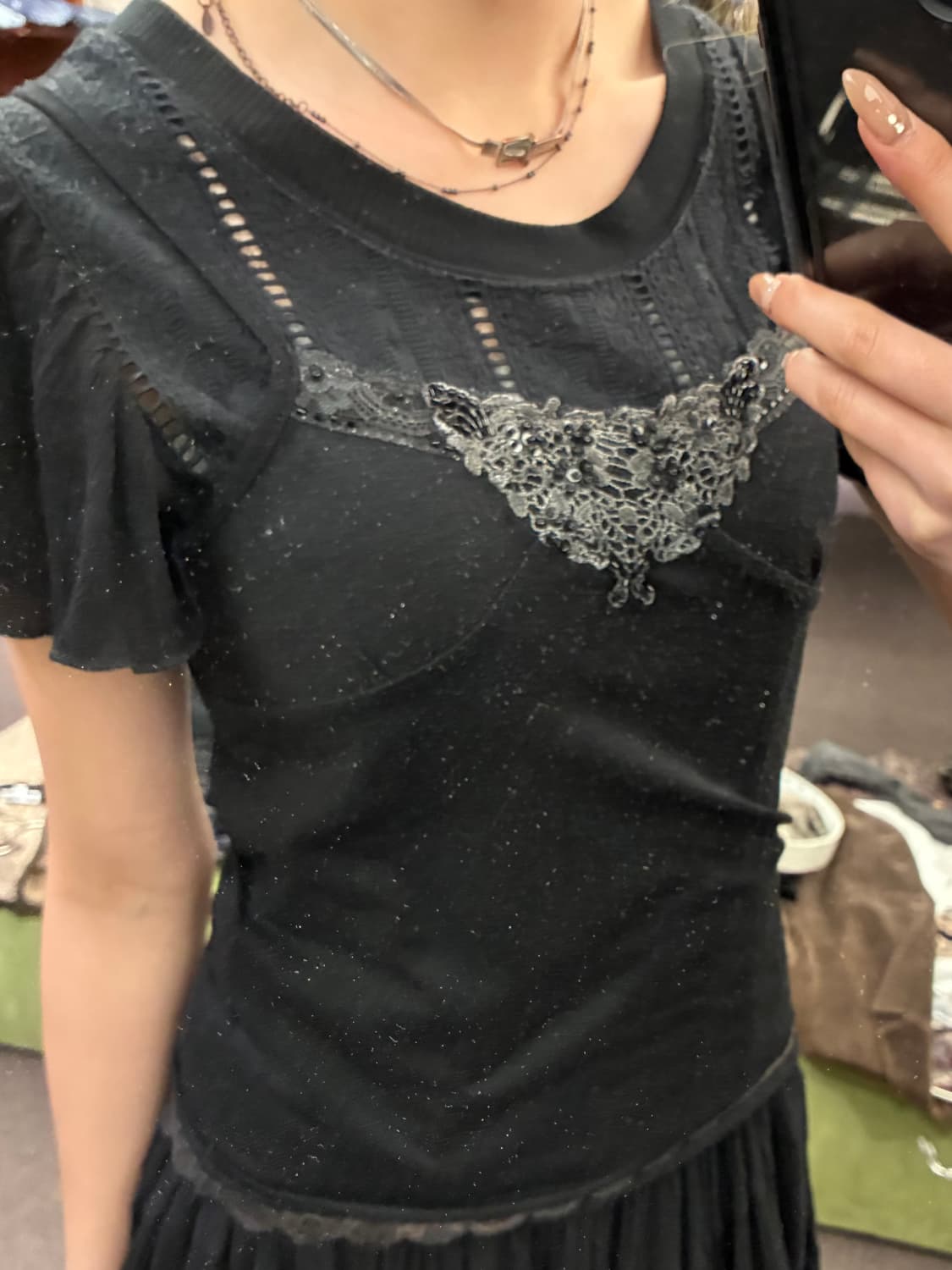 F)Japanese vintage 여성 비즈 자수 검정 슬리브리스(찢어짐 상품이미지2