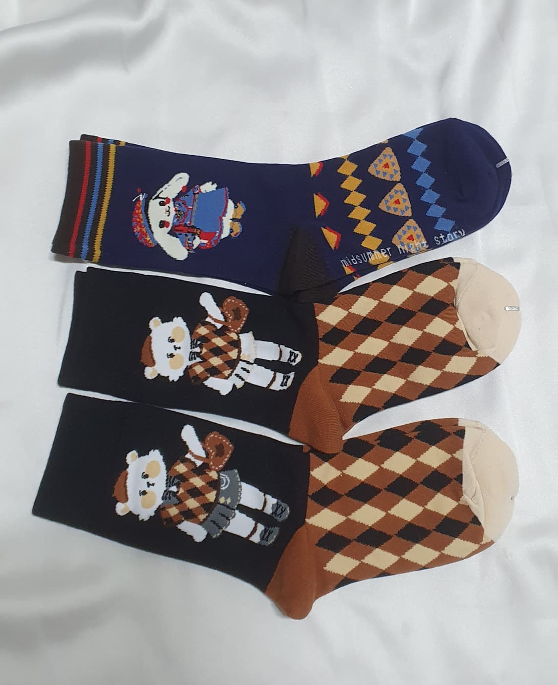 네이비 브라운 고양이 체크 양말 상품이미지1