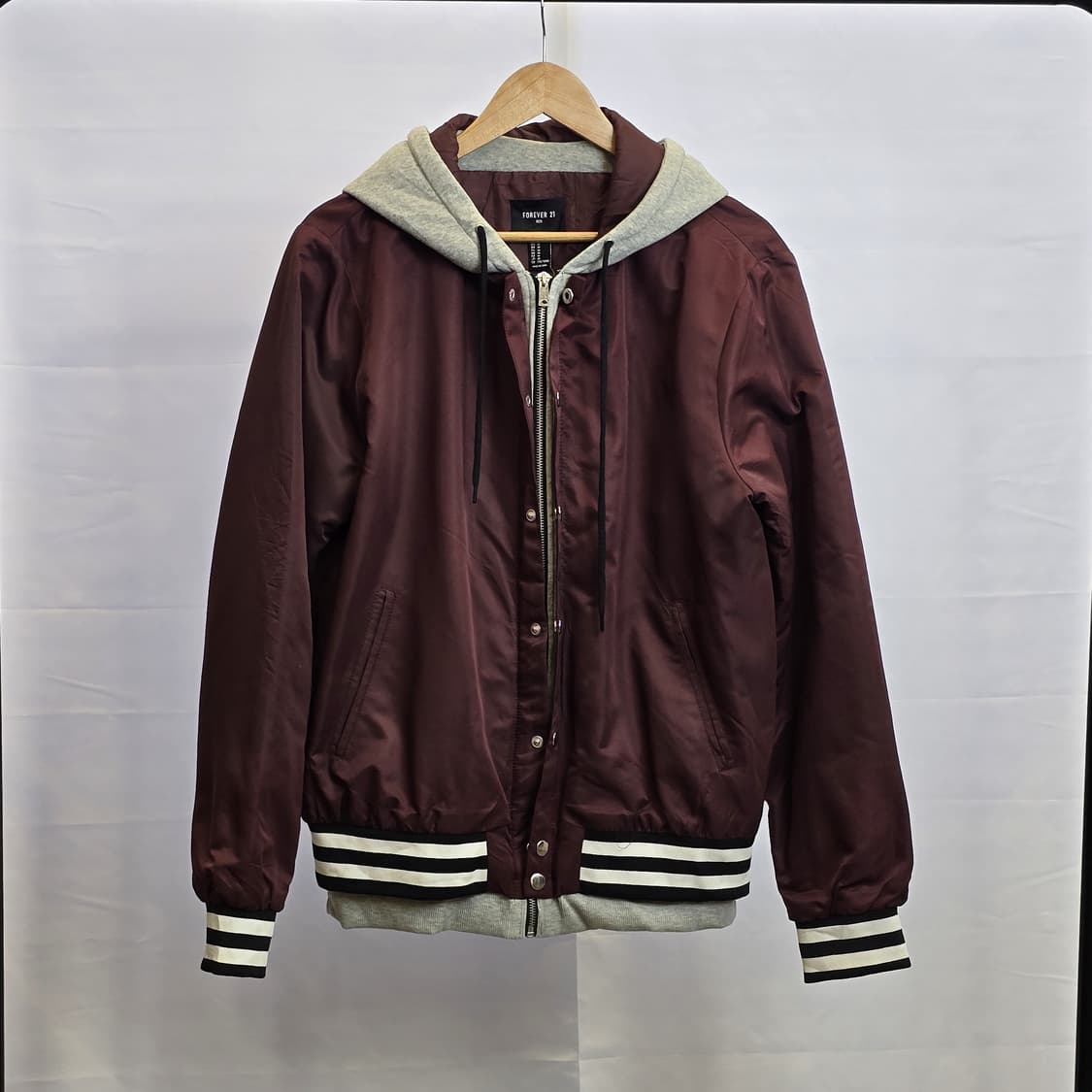 FOREVER 21 MEN 버건디 새틴 스타디움 후드 자켓 M 상품이미지1