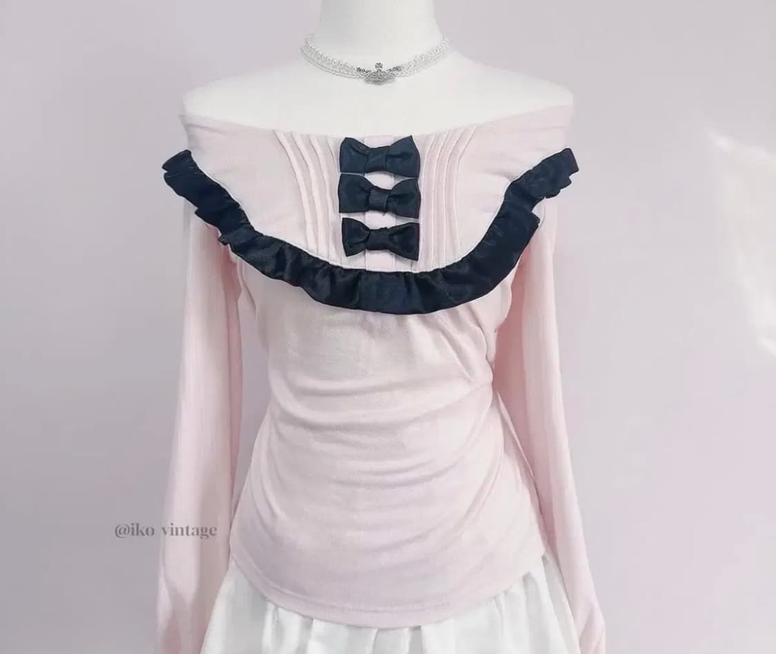 히메갸루 핑크 블랙 리본 블라우스 stc빈티지 양지뢰 오프숄더 리즈리사 상품이미지1