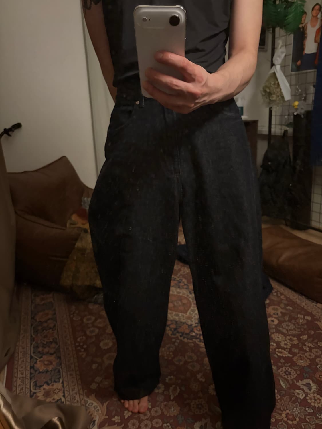 와이드 벌룬 핏 데님 논 페이드 인디고 흑청 상품이미지1