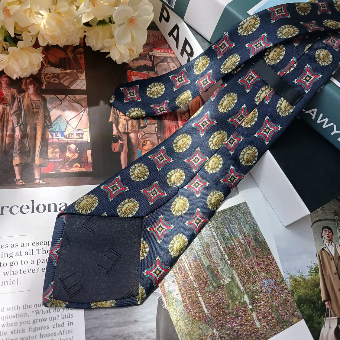 던힐 실크 네이비 태양 패턴 넥타이 9cm A+등급 E940 상품이미지4