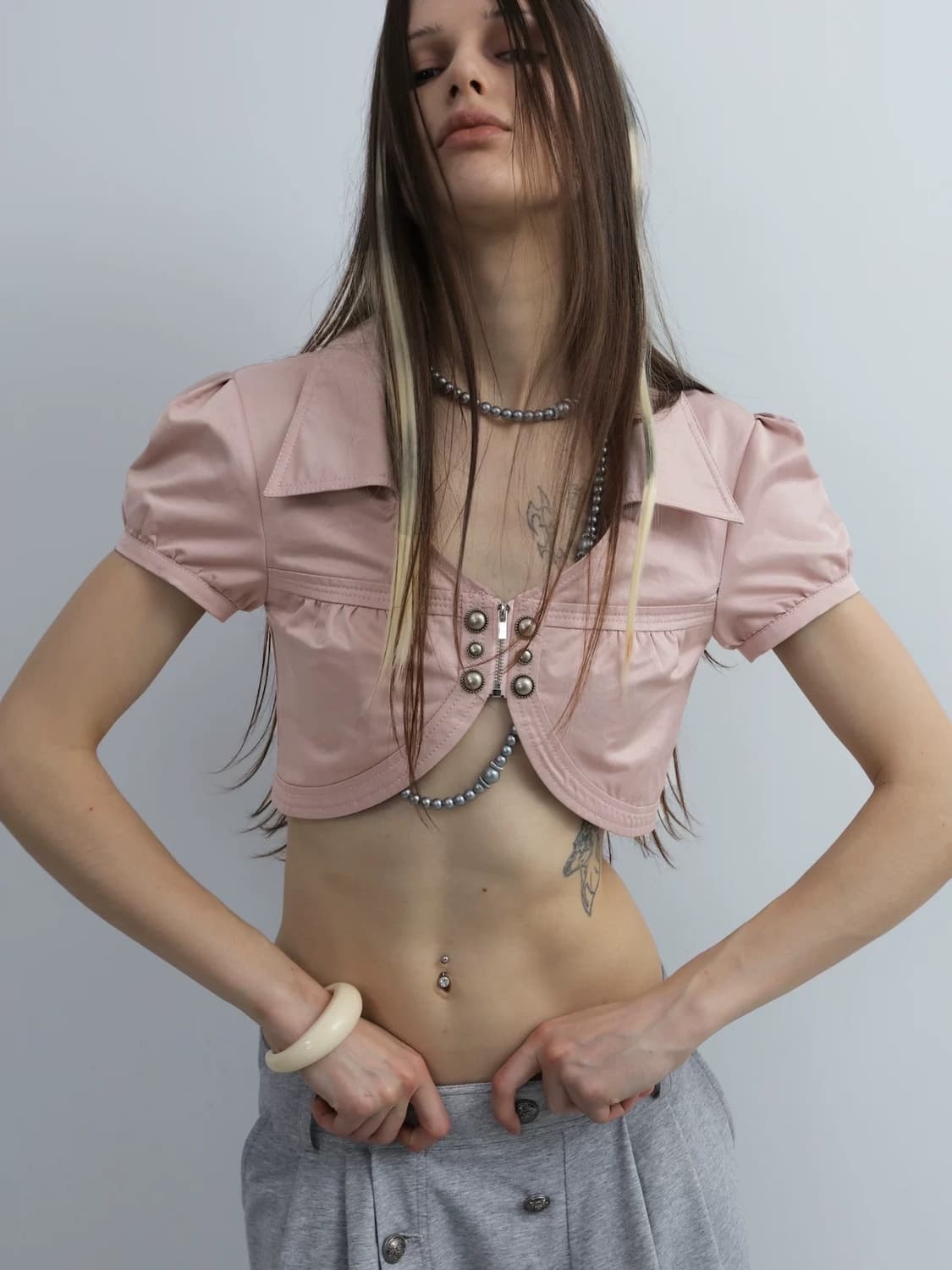 더블펀치 반팔 볼레로 자켓 핑크 중브 테스트매커니즘 디얼마이키코 y2k 상품이미지2
