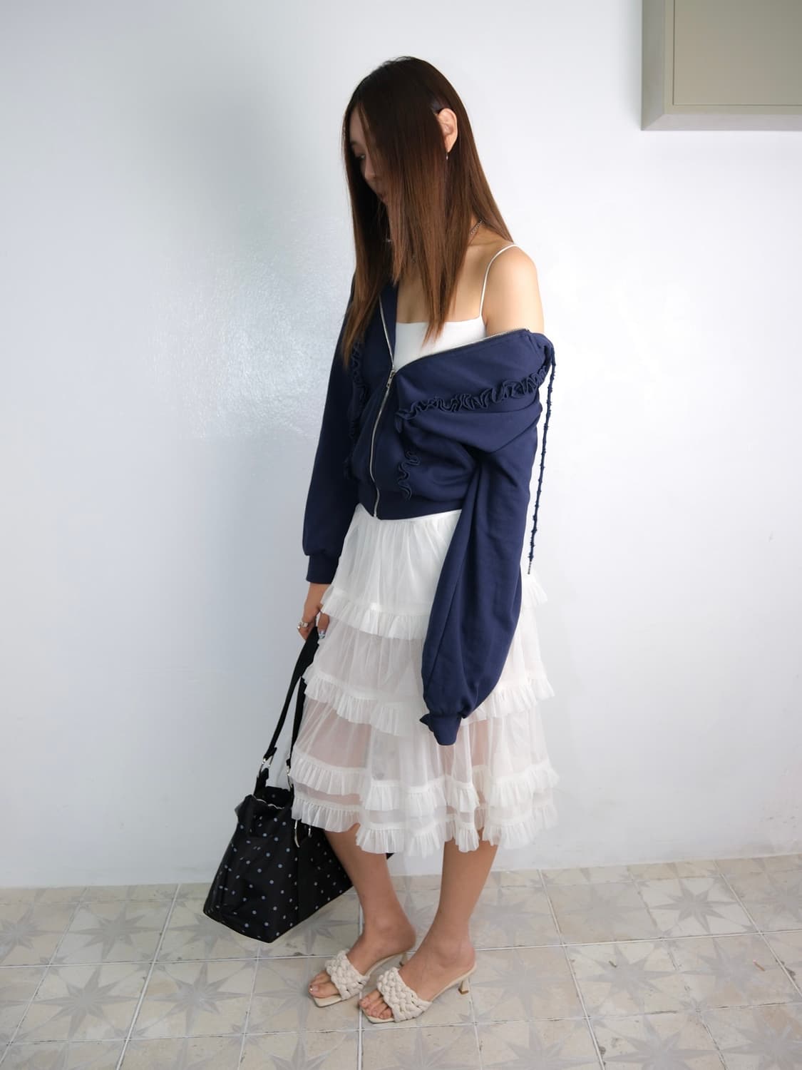 루즈슬립오버 프릴 로고 후드집업 네이비 상품이미지3