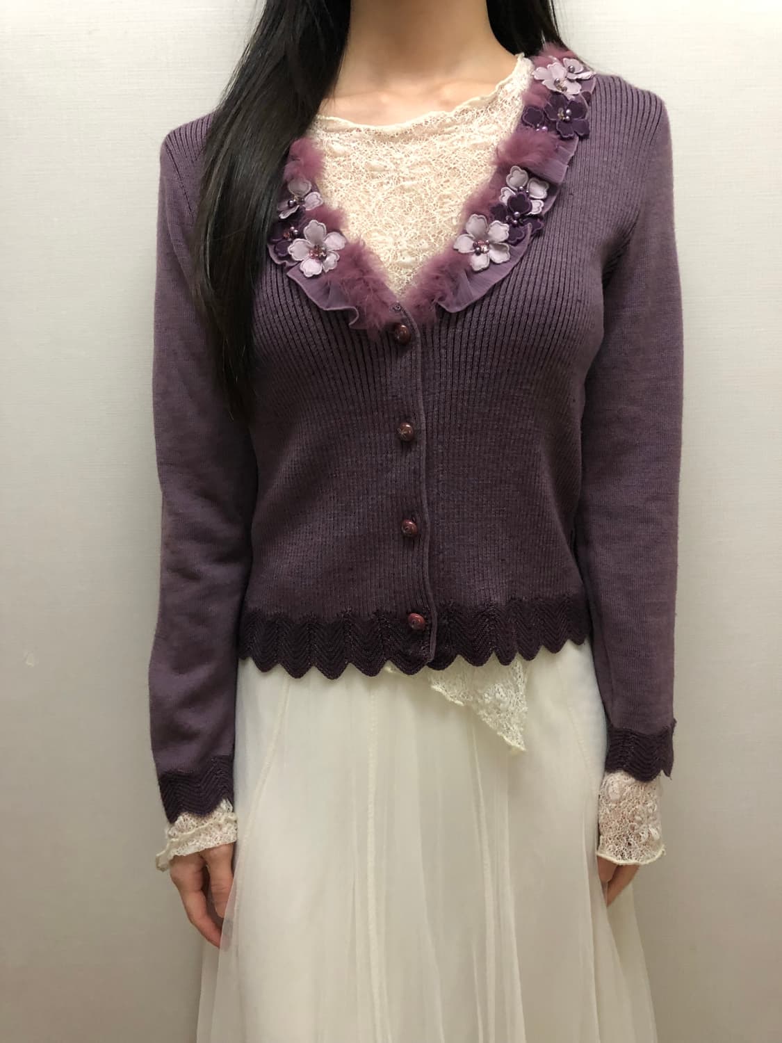 빈티지 퍼플 플라워 니트 가디건 상품이미지5