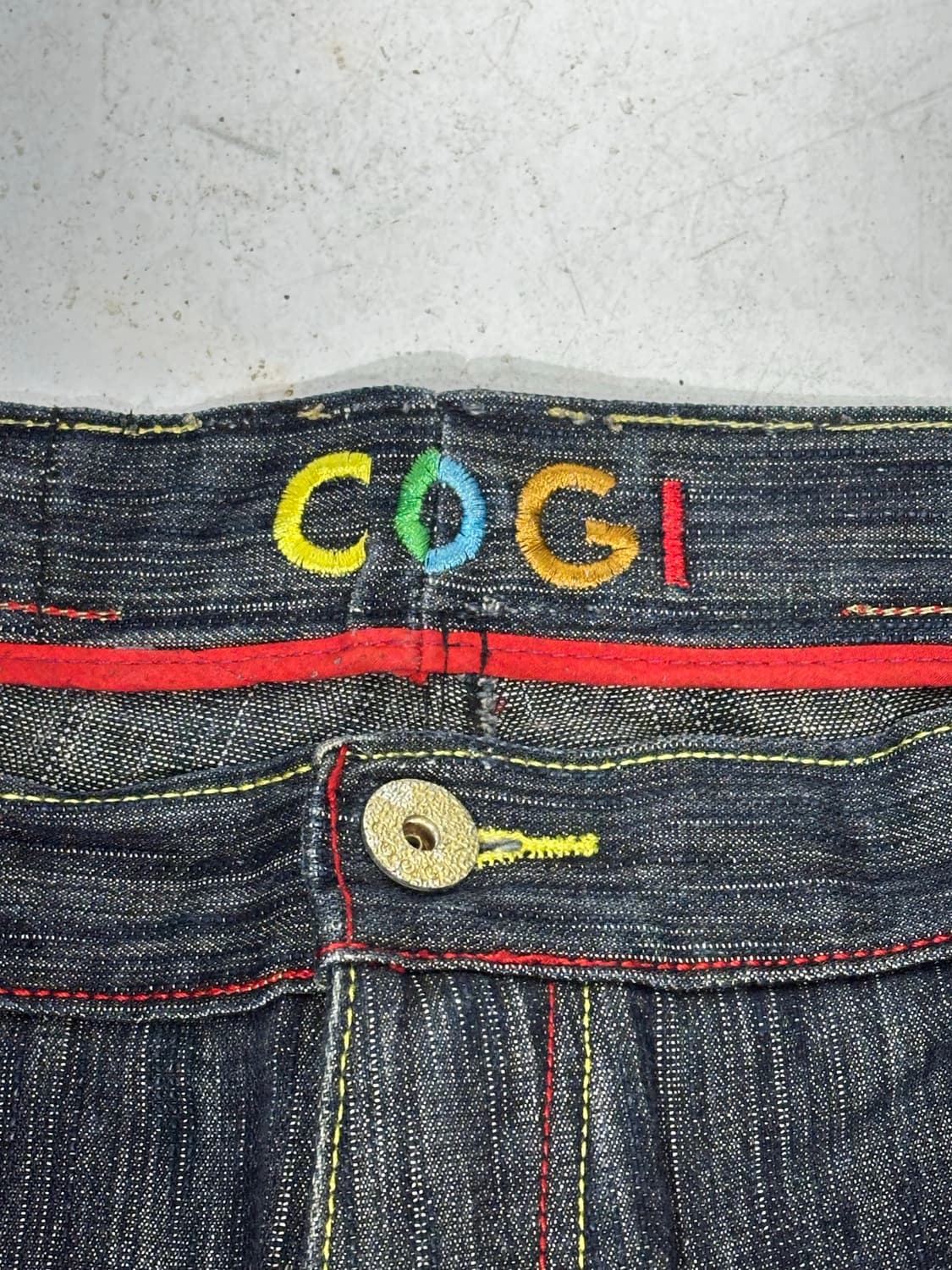 쿠지 진청 대장급 레드 자수 포인트 와이드 데님 청바지 상품이미지7