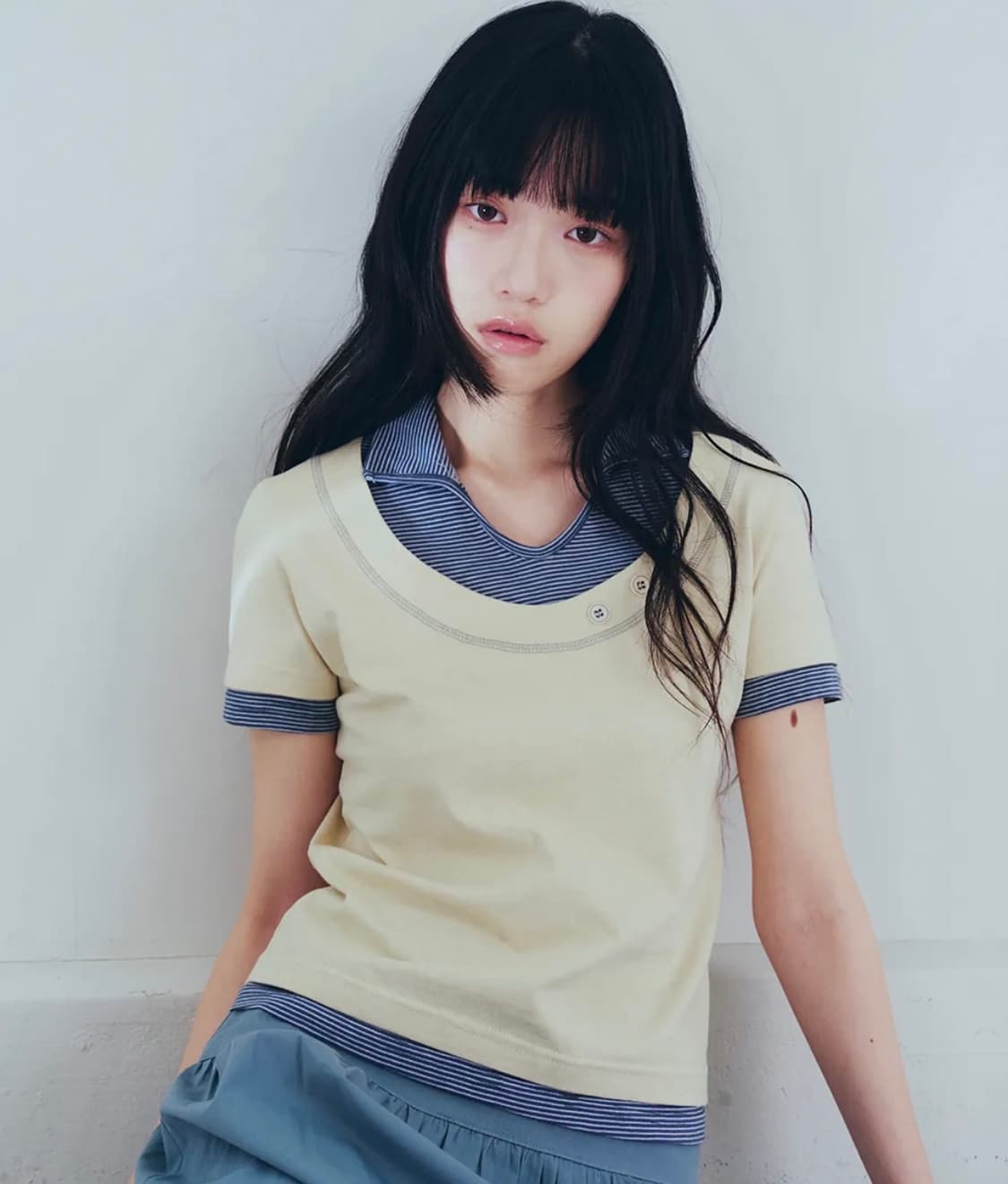 Stripe Layered Collar T-Shirts, Yellow 상품이미지1